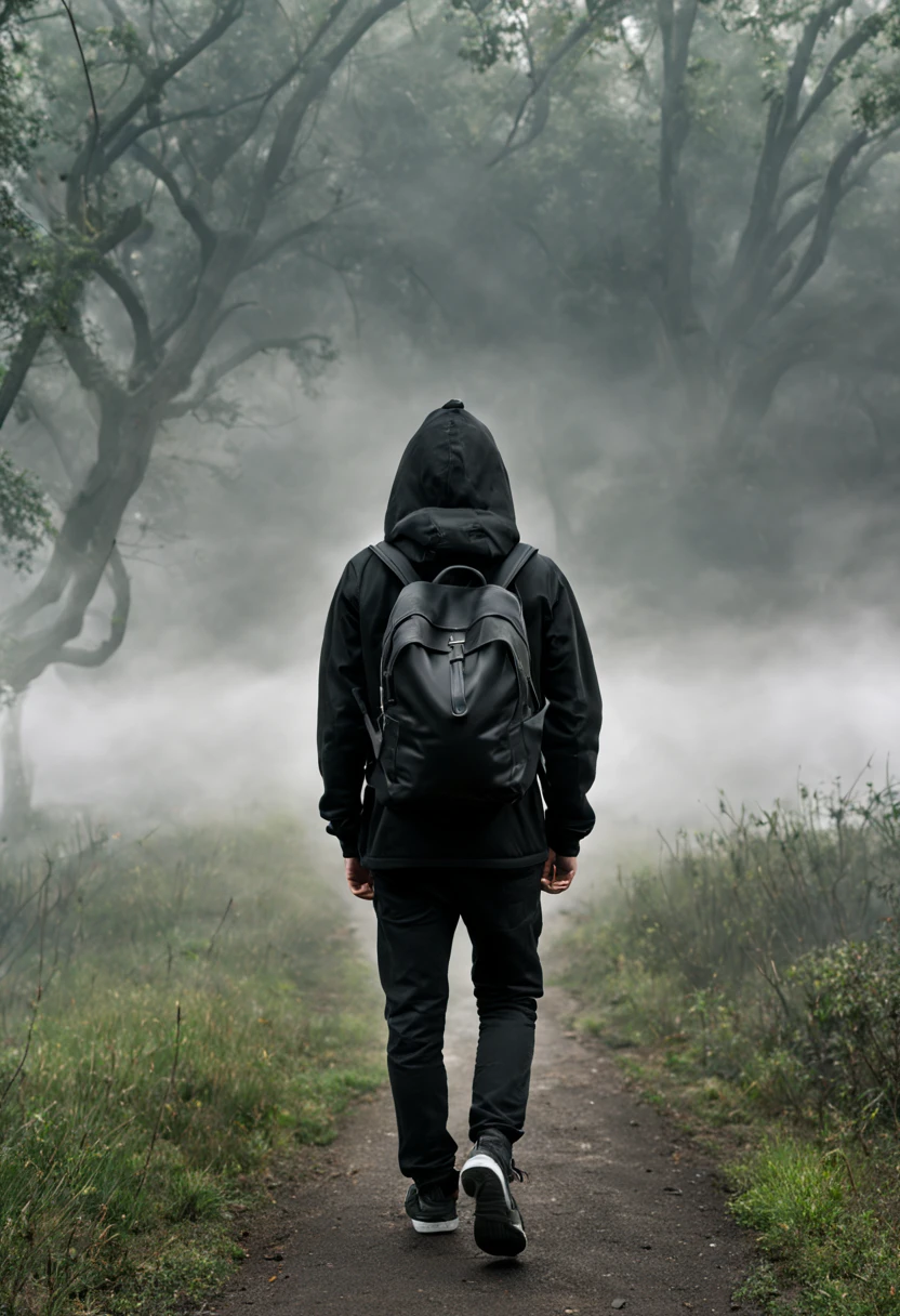In the mist-shrouded landscape，male teenager，black in color卫衣，black in color，Backpack，walking in the dark。