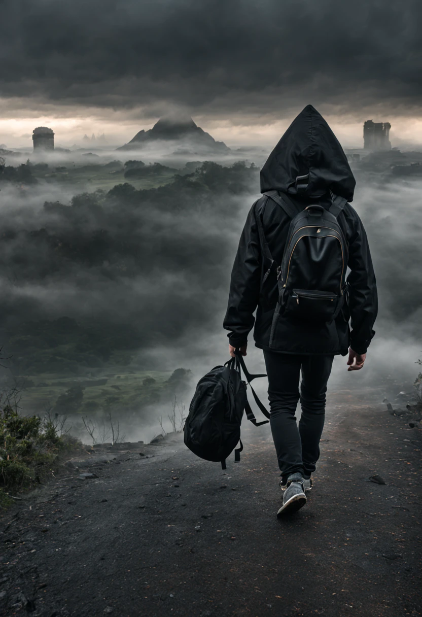 In the mist-shrouded landscape，male teenager，black in color卫衣，black in color，Backpack，walking in the dark。