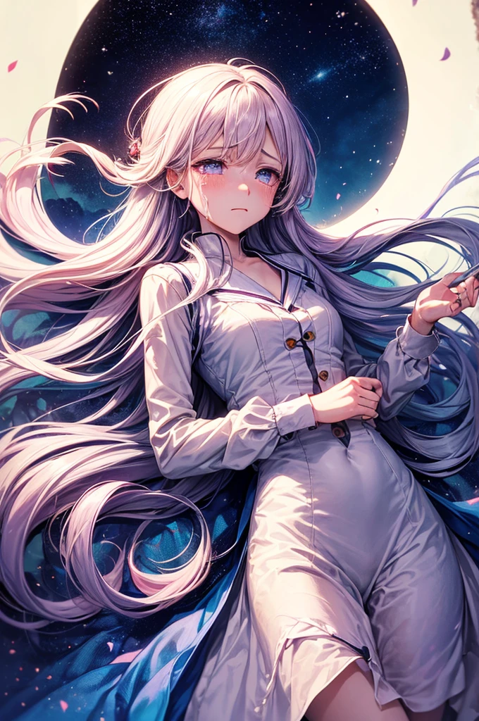 ((masutepiece,Best Quality)),(negative space:1.4),(1girl in, Solo:1.4),Beautiful detailed eyes,Floating pastel pink and lavender hair, Lavender eyes, At night, Starry sky, Shining stars, moon shining, Crying girl,length hair, Hair swaying in the wind, Tears fall and disappear into the sky,lying,Crying a lot