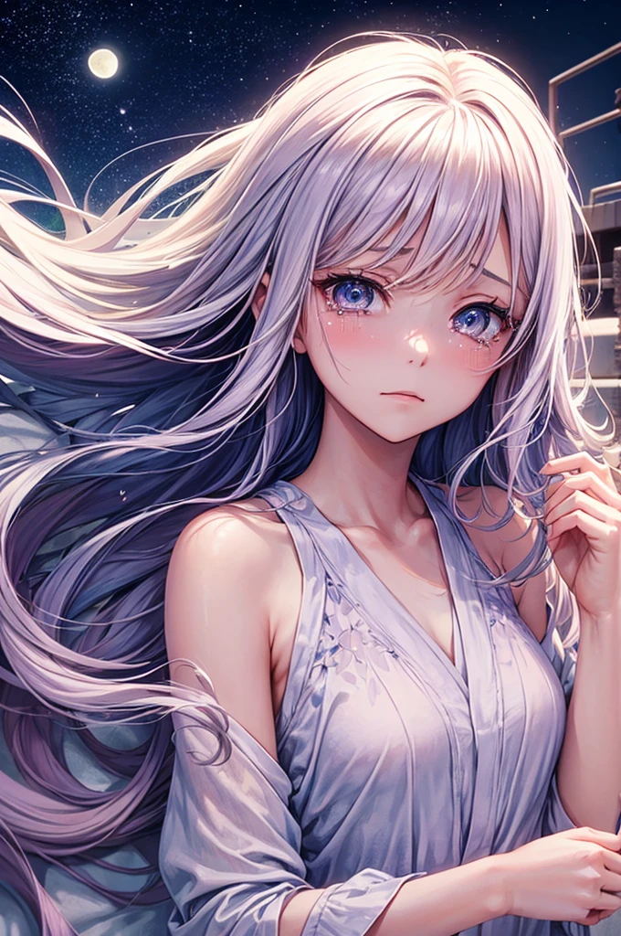 ((masutepiece,Best Quality)),(negative space:1.4),(1girl in, Solo:1.4),Beautiful detailed eyes,Floating pastel pink and lavender hair, Lavender eyes, At night, Starry sky, Shining stars, moon shining, Crying girl,length hair, Hair swaying in the wind, Tears fall and disappear into the sky,lying,Crying a lot