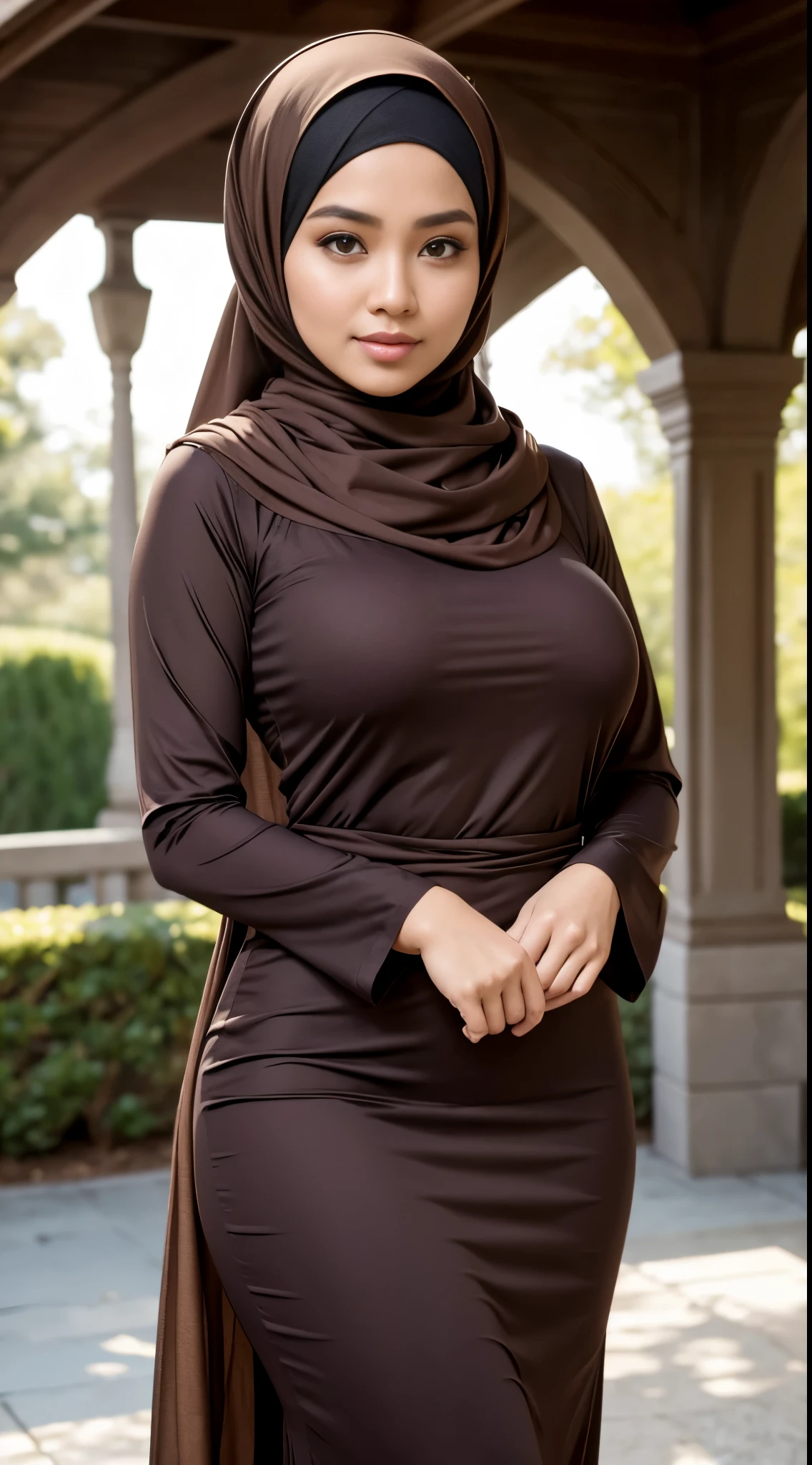 RAW, Best quality, high resolution, masterpiece: 1.3), Beautiful Malay woman in hijab, Masterpiece, perfect fit body, Big breasts, beautiful big eyes, Soft smile,RAW, Best quality, high resolution, masterpiece: 1.3), beautiful Malay woman in hijab,Masterpiece, perfect fit body, big breast, big orgeous eyes, Soft smile, woman wearing a brown dress and a blue scarf, modest flowing gown, multilayered outfit, black and brown colors, long dress female, stylish dress, sophisticated dress, illustrious clothes, detailed picture, flowing dress, black and brown, dressed with long fluent clothes, frock, full covered dress, wearing a long flowy fabric, muted brown, stylish dark dress , smooth turtleneck, hairband, evening walk, City park, Great lighting, Bright colors, Clean lines