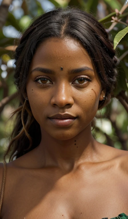 ((La mejor calidad)), ((Obra maestra)), (Detallado), Perfect face dark brown skin, Cara hermosa, Cabello largo, Tema tribal africano, ((Ojos color verde cristalinos:1.2)), ojos detallados, Hermosos ojos, ((Obra maestra, UHD, 8k)), primer plano , staring at the camera,Profundidad de campo, Jamaican trees, escote, senos grandes, Enfoque en los ojos, pechos saliendo, Piel detallada, textura de la piel, Hombros sexys, golden brown tan, highly Piel detallada, long eyeslashes, black mascara, Cara perfecta