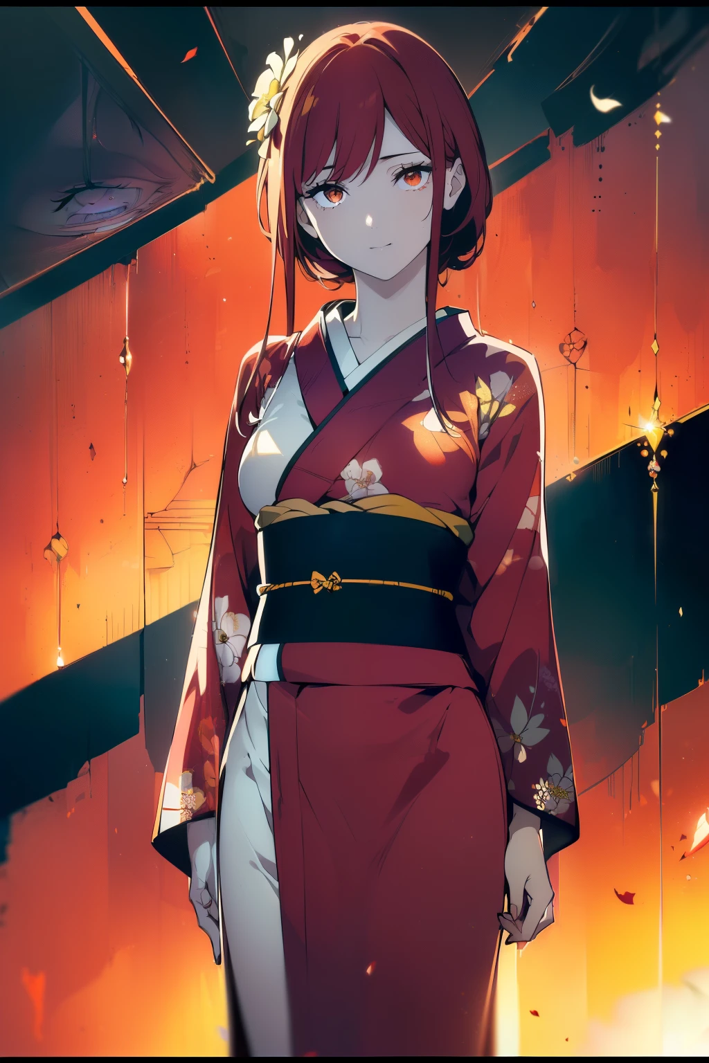 ((((Obra maestra, La mejor calidad, ultrahigh resolution)))), 1girl, standing, ((wearing a red kimono)), long hair cut, pale skin, ((brown eyes)), (glowing_eyes, luminescent eyes), (ultra detailed eyes:0.7, beautiful and detailed face, detailed eyes:0.9), ((centered)), smile, ((wide shot)), facing viewer, (((vibrant background of outside, flowers, bright lighting, summer, sunlight))), flat chested, looking at viewer, ((perfect hands)), ((head:1, hips, elbows, arms, in view)), ((hands behind back)), beautiful lighting, defined subject, (13 years old), ((cool looking)), ((slight breeze in hair, vintage sun glare))