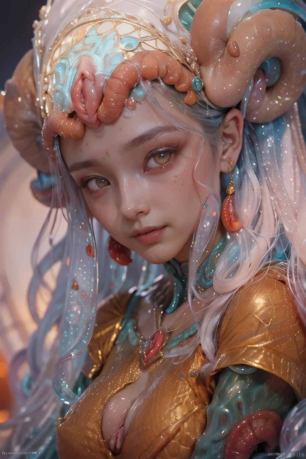 Portrait, (Female Alien:1.2), (There is a slimy female genital-like organ in the middle of the forehead.:1.8), (The most beautiful face in the history of the universe:1.2), (scarlet eyes:1.6), (Translucent skin:1.5), an evil gaze that seduces , (red eyes:1.5), Full body like, (sexypose:1.5), alien, No humans, cells are fused, (Lots of blue tentacles:1.1) (Blue skin:1.3), extraterrestrial, cell, bio image, 魅惑的, Best Quality, 8K,4K_quality, high_Definition, Dramatic Lighting, masutepiece:1.5,cinematic quality, detail up, (Intricate details:1.2), high resolution, High Definition, drawing faithfully, (Thick eyebrows:1.2), Beautiful eyes with fine symmetry, (Ultra detailed eyes:1.2),(Highly detailed face and eyes:1.2), (High-resolution red-eye:1.4), Intimate face, (Super detailed skin quality feeling:1.4), Perfect Anatomy, (Beautiful toned body:1.5), (Moist skin:1.2), No makeup, (dark circles:1.1), long canines, cinematic drawing of characters, ultra high quality model, cinematic quality, detail up, (Intricate details:1.2), high resolution, High Definition, drawing faithfully, Official art, Unity 8K wall , 8K Portrait, Best Quality, Very high resolutio, ultra detailed artistic photography, midnight aura, unreal enginee 5, Ultra Sharp Focus, art by alberto seveso, ArtGerm, Roisch, , intricate artwork, Medusa, best quality,tmasterpiece,超A high resolution,(photos realistic:1.4),Ultra-realistic realism,dream-like,nautilus, Creation of fantasy,Snail,Dream Snail,Biopunk nautilus,Thrilling color schemes, Ultra-realistic realism, abstracted, seductively smiling