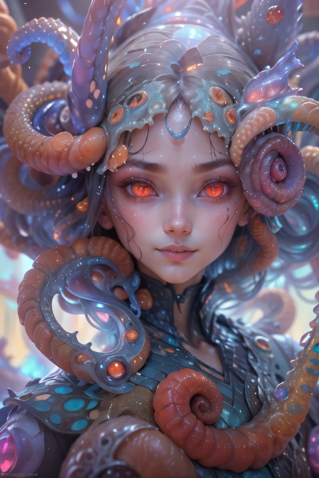 Portrait, (Female Alien:1.2), (There is a slimy female genital-like organ in the middle of the forehead.:1.8), (The most beautiful face in the history of the universe:1.2), (scarlet eyes:1.6), (Translucent skin:1.5), an evil gaze that seduces , (red eyes:1.5), Full body like, (sexypose:1.5), alien, No humans, cells are fused, (Lots of blue tentacles:1.1) (Blue skin:1.3), extraterrestrial, cell, bio image, 魅惑的, Best Quality, 8K,4K_quality, high_Definition, Dramatic Lighting, masutepiece:1.5,cinematic quality, detail up, (Intricate details:1.2), high resolution, High Definition, drawing faithfully, (Thick eyebrows:1.2), Beautiful eyes with fine symmetry, (Ultra detailed eyes:1.2),(Highly detailed face and eyes:1.2), (High-resolution red-eye:1.4), Intimate face, (Super detailed skin quality feeling:1.4), Perfect Anatomy, (Beautiful toned body:1.5), (Moist skin:1.2), No makeup, (dark circles:1.1), long canines, cinematic drawing of characters, ultra high quality model, cinematic quality, detail up, (Intricate details:1.2), high resolution, High Definition, drawing faithfully, Official art, Unity 8K wall , 8K Portrait, Best Quality, Very high resolutio, ultra detailed artistic photography, midnight aura, unreal enginee 5, Ultra Sharp Focus, art by alberto seveso, ArtGerm, Roisch, , intricate artwork, Medusa, best quality,tmasterpiece,超A high resolution,(photos realistic:1.4),Ultra-realistic realism,dream-like,nautilus, Creation of fantasy,Snail,Dream Snail,Biopunk nautilus,Thrilling color schemes, Ultra-realistic realism, abstracted, seductively smiling