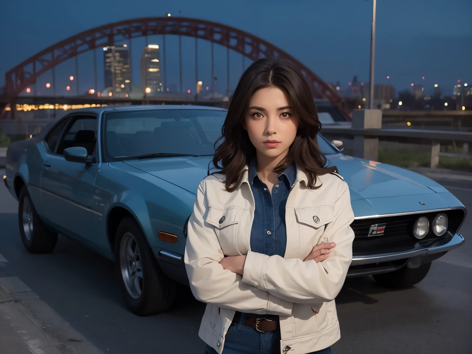Upper body close-up image. A beautiful woman stands in front of a car-shaped time machine with her arms folded and looks at the camera with a challenging expression. Dark brown hair. Beautiful double eyes. The bridge of my nose. Well-shaped lips. Wearing a jacket and blue jeans. The time is night.