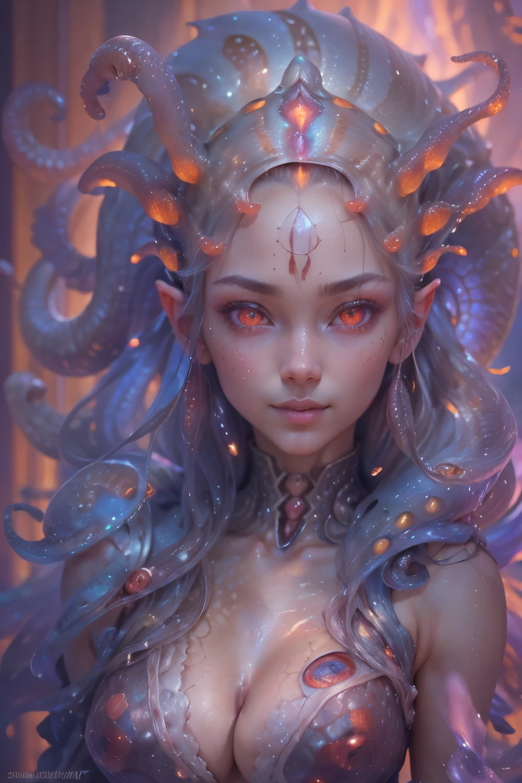 Portrait, (Female Alien:1.2), (There is a slimy female genital-like organ in the middle of the forehead.:1.8), (The most beautiful face in the history of the universe:1.2), (scarlet eyes:1.6), (Translucent skin:1.5), an evil gaze that seduces , (red eyes:1.5), Full body like, (sexypose:1.5), alien, No humans, cells are fused, (Lots of blue tentacles:1.1) (Blue skin:1.3), extraterrestrial, cell, bio image, 魅惑的, Best Quality, 8K,4K_quality, high_Definition, Dramatic Lighting, masutepiece:1.5,cinematic quality, detail up, (Intricate details:1.2), high resolution, High Definition, drawing faithfully, (Thick eyebrows:1.2), Beautiful eyes with fine symmetry, (Ultra detailed eyes:1.2),(Highly detailed face and eyes:1.2), (High-resolution red-eye:1.4), Intimate face, (Super detailed skin quality feeling:1.4), Perfect Anatomy, (Beautiful toned body:1.5), (Moist skin:1.2), No makeup, (dark circles:1.1), long canines, cinematic drawing of characters, ultra high quality model, cinematic quality, detail up, (Intricate details:1.2), high resolution, High Definition, drawing faithfully, Official art, Unity 8K wall , 8K Portrait, Best Quality, Very high resolutio, ultra detailed artistic photography, midnight aura, unreal enginee 5, Ultra Sharp Focus, art by alberto seveso, ArtGerm, Roisch, , intricate artwork, Medusa, best quality,tmasterpiece,超A high resolution,(photos realistic:1.4),Ultra-realistic realism,dream-like,nautilus, Creation of fantasy,Snail,Dream Snail,Biopunk nautilus,Thrilling color schemes, Ultra-realistic realism, abstracted, seductively smiling