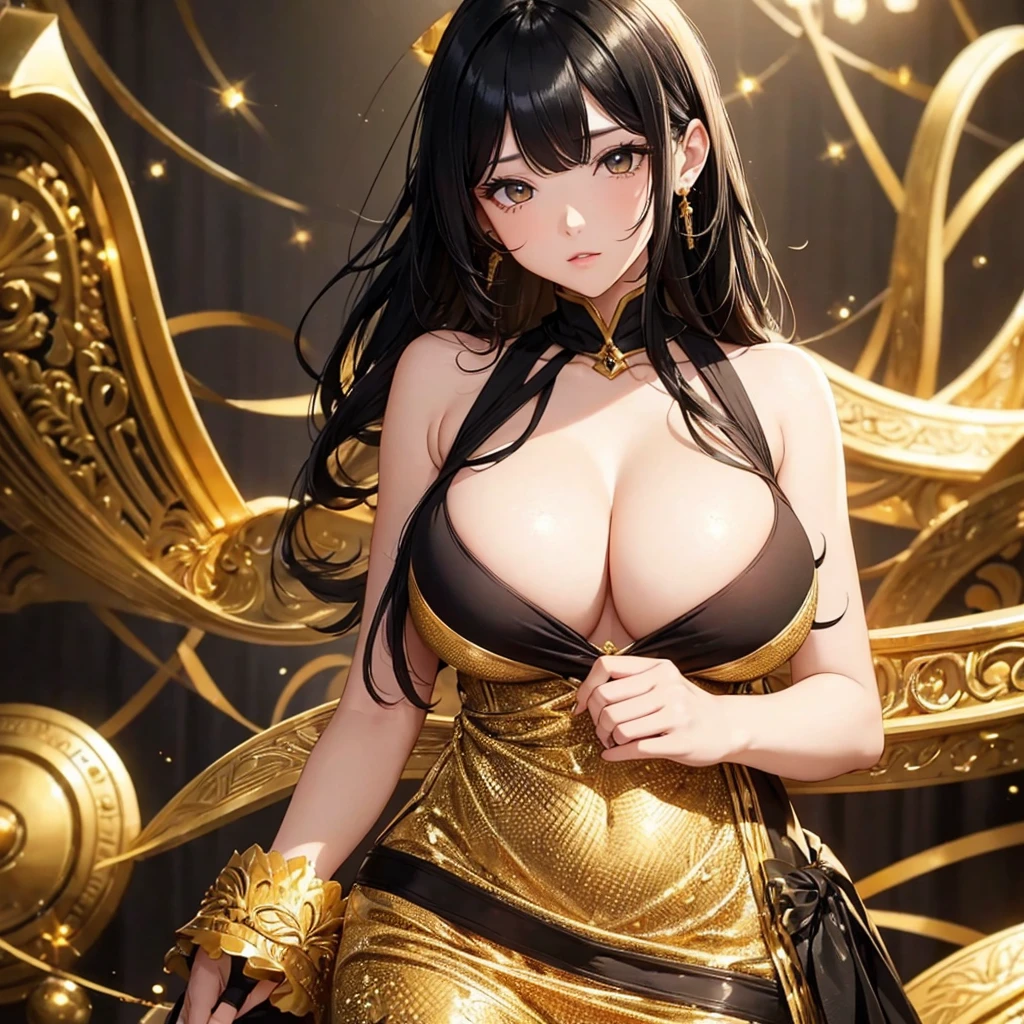 Girl, random background, black hair colour, Golden and black dress, ultra quality, beautiful eyes, perfect body, high quality, cute big breast, sexy face, perfect breast,