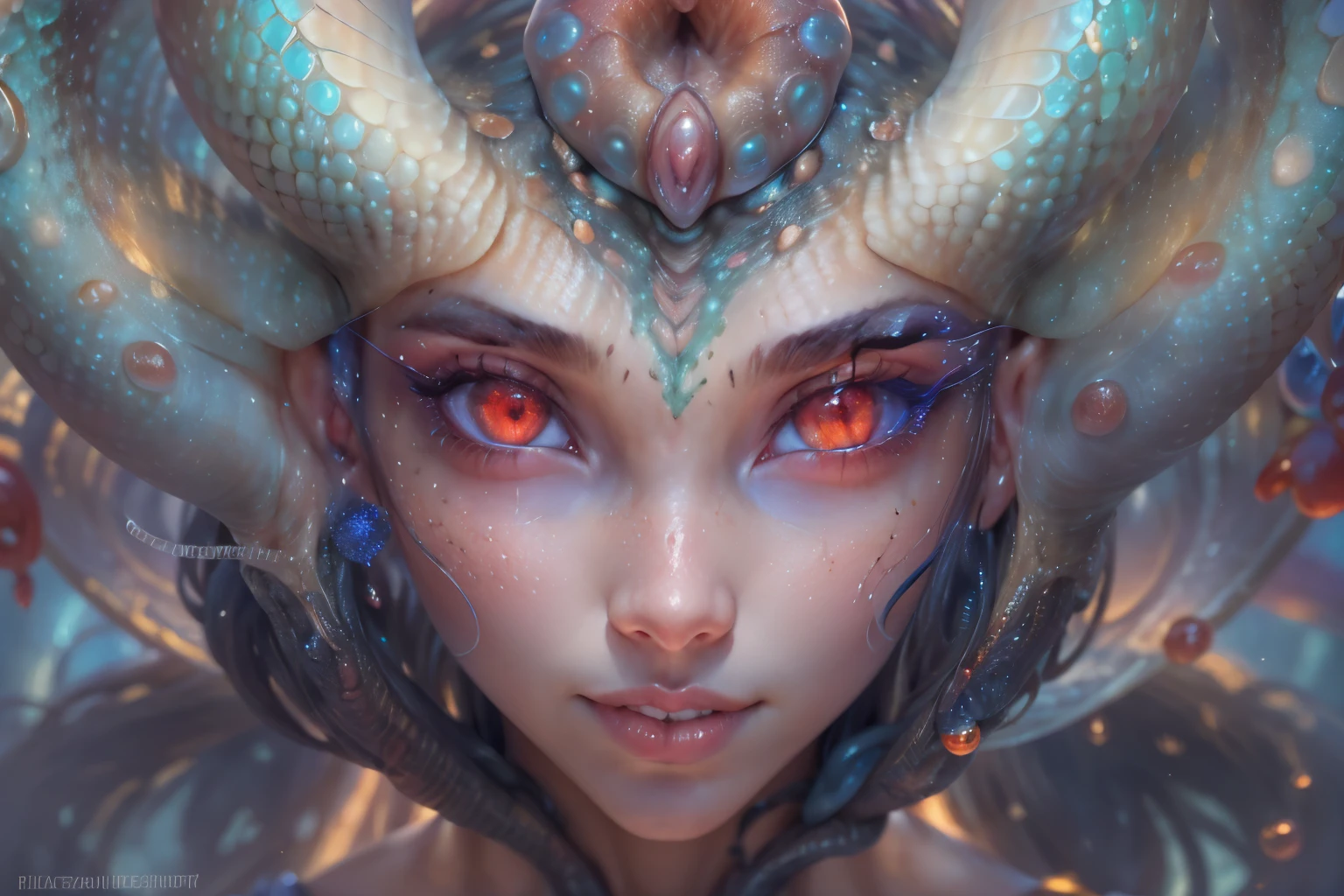 Portrait, (Female Alien:1.2),  (There is a slimy female genital-like organ in the middle of the forehead.:1.8), (The most beautiful face in the history of the universe:1.2), (scarlet eyes:1.6), (Translucent skin:1.5), an evil gaze that seduces , (red eyes:1.5), Full body like, (sexypose:1.5), alien, No humans, cells are fused, (Lots of blue tentacles:1.1) (Blue skin:1.3), extraterrestrial, cell, bio image, 魅惑的, Best Quality, 8K,4K_quality, high_Definition, Dramatic Lighting, masutepiece:1.5,cinematic quality, detail up, (Intricate details:1.2), high resolution, High Definition, drawing faithfully, (Thick eyebrows:1.2), Beautiful eyes with fine symmetry, (Ultra detailed eyes:1.2),(Highly detailed face and eyes:1.2), (High-resolution red-eye:1.4), Intimate face, (Super detailed skin quality feeling:1.4), Perfect Anatomy,  (Beautiful toned body:1.5),  (Moist skin:1.2), No makeup, (dark circles:1.1), long canines, cinematic drawing of characters, ultra high quality model, cinematic quality, detail up, (Intricate details:1.2), high resolution, High Definition, drawing faithfully, Official art, Unity 8K wall  , 8K Portrait, Best Quality, Very high resolutio, ultra detailed artistic photography, midnight aura,  unreal enginee 5, Ultra Sharp Focus, art by alberto seveso, ArtGerm, Roisch, , intricate artwork, Medusa, best quality，tmasterpiece，超A high resolution，（photos realistic：1.4），Ultra-realistic realism，dream-like，nautilus, Creation of fantasy，Snail，Dream Snail，Biopunk nautilus，Thrilling color schemes， Ultra-realistic realism， abstracted, seductively smiling