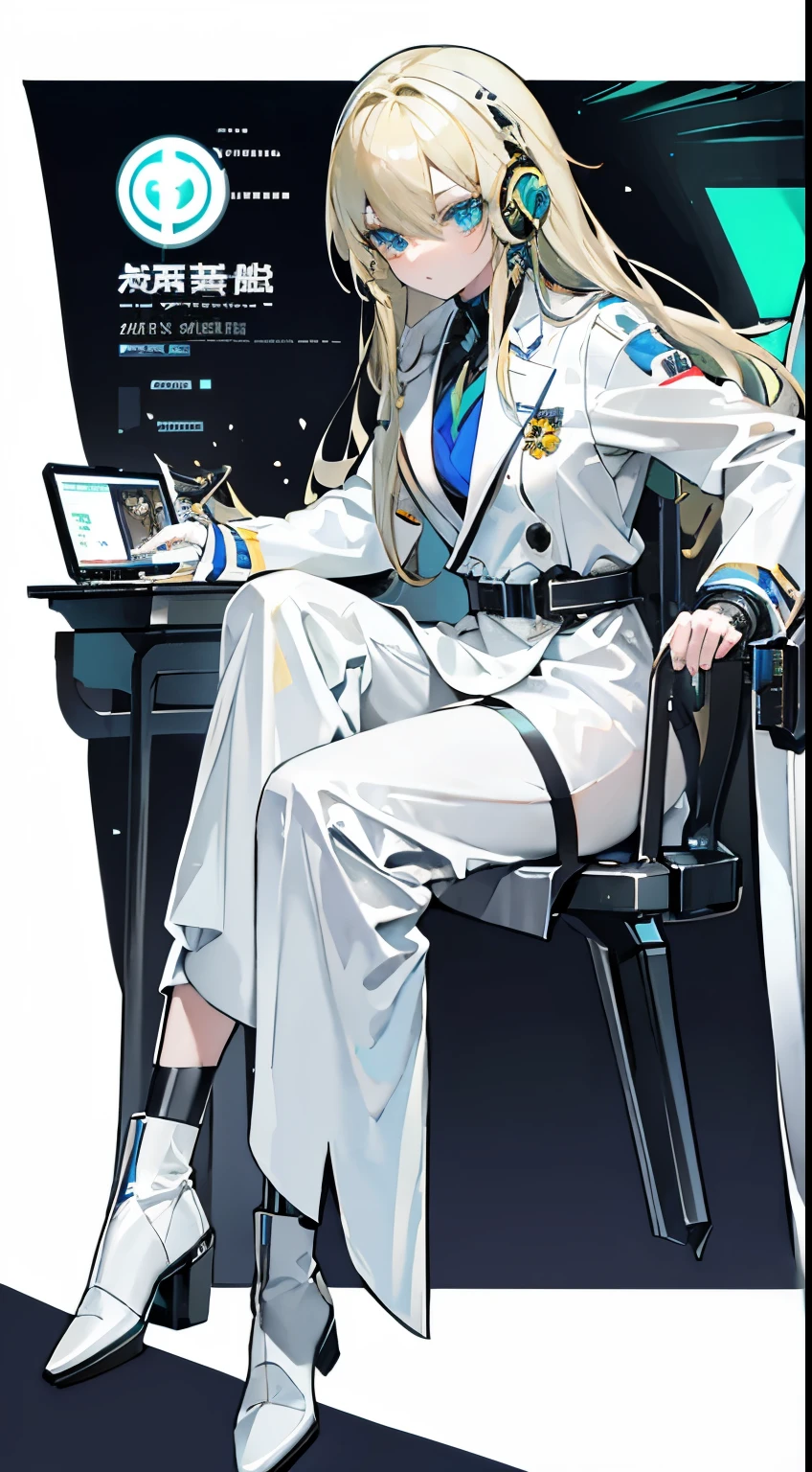 A middle-aged woman,Semi-mechanical modification,lower limb prosthesis,mechanical leg,droid,droid专家,blonde with blue eyes,Green-eyed,lookingat,Long gray hair,Hold your head,sit on chair,White coat,White coat,White robe,White coat,Research suits,Lower body mechanics,The shirt,Office room,droid小黄人,Earphone,monocle,eyepiece,Condescending,lookingat,boots,Monolithic eyepieces,Decision tasks,mature,cyber punk personage,screens,mechanical leg,handicapped,Mechanical backpack