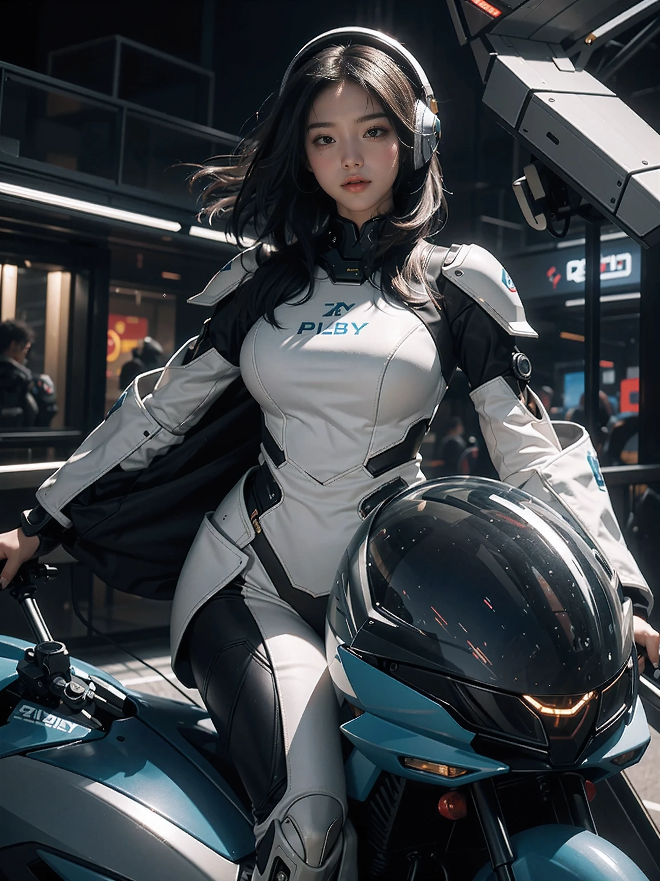Highest image quality, excellent details, 超A high resolution, (fidelity: 1.4), The best illustrations, favor details, High cohesiveness, 1girl in, with a delicate and beautiful face, Plump chest, Sexy body, Dressed in gorgeous mechs, Wearing a mecha helmet, holding a directional controller, riding on motorcycle, the background is a high-tech lighting scene of the futuristic city.