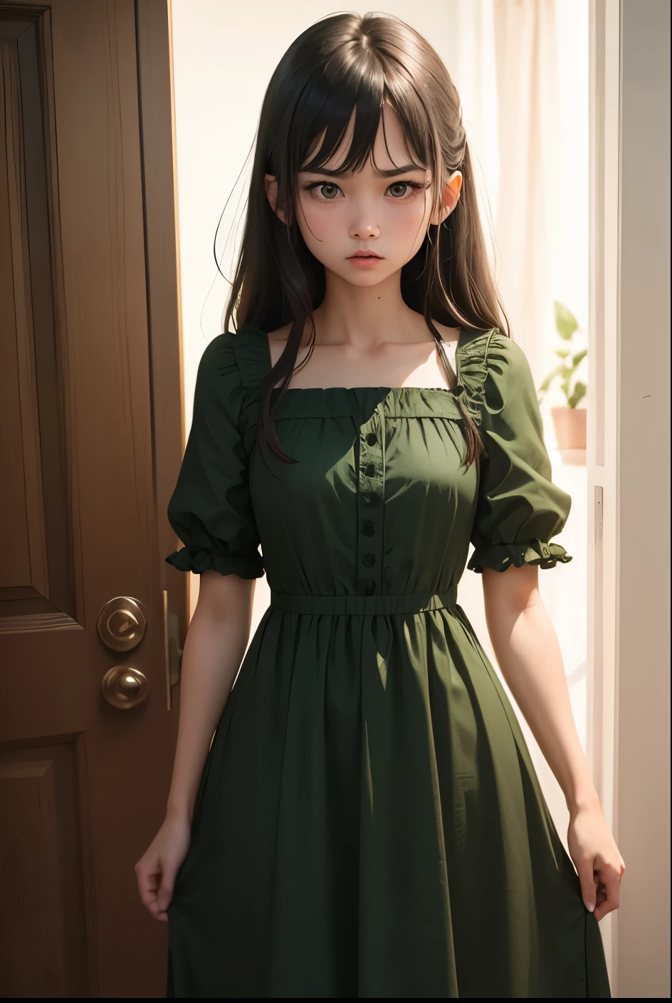 Cute girl, nervous girl wearing a long dark green dress, She's angry