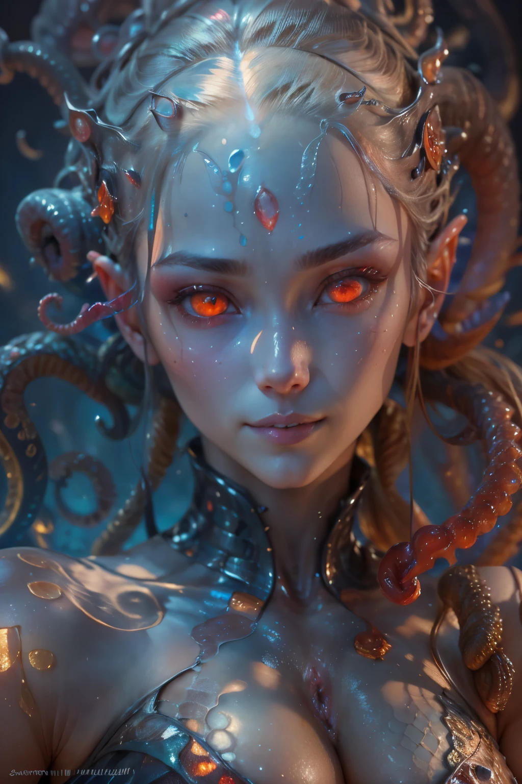 Portrait, (Female Alien:1.2), (There is a slimy female genital-like organ in the middle of the forehead:1.8), (The most beautiful face in the history of the universe:1.2), (scarlet eyes:1.6), (Translucent skin:1.5), an evil look that seduces , (red eyes:1.5), Full body like, (sexypose:1.5), alien, No humans, cells are fused, (Lots of blue tentacles:1.1) (Blue skin:1.3), extraterrestrial, cell, bio image, 魅惑的, Best Quality, 8K,4K_quality, high_Definition, Dramatic Lighting, masutepiece:1.5,cinematic quality, detail up, (Intricate details:1.2), high resolution, High Definition, drawing faithfully, (Thick eyebrows:1.2), Beautiful eyes with fine symmetry, (Ultra detailed eyes:1.2),(Highly detailed face and eyes:1.2), (High-resolution red-eye:1.4), Intimate face, (Super detailed skin quality feeling:1.4), Perfect Anatomy, (Beautiful toned body:1.5), (Moist skin:1.2), No makeup, (dark circles:1.1), long canines, cinematic drawing of characters, ultra high quality model, cinematic quality, detail up, (Intricate details:1.2), high resolution, High Definition, drawing faithfully, Official art, Unity 8K wall , 8K Portrait, Best Quality, Very high resolutio, ultra detailed artistic photography, midnight aura, unreal enginee 5, Ultra Sharp Focus, art by alberto seveso, ArtGerm, Roisch, , intricate artwork, Medusa, best quality,tmasterpiece,超A high resolution,(photos realistic:1.4),Ultra-realistic realism,dream-like,nautilus, Creation of fantasy,Snail,Dream Snail,Biopunk nautilus,Thrilling color schemes, Ultra-realistic realism, abstracted, seductively smiling