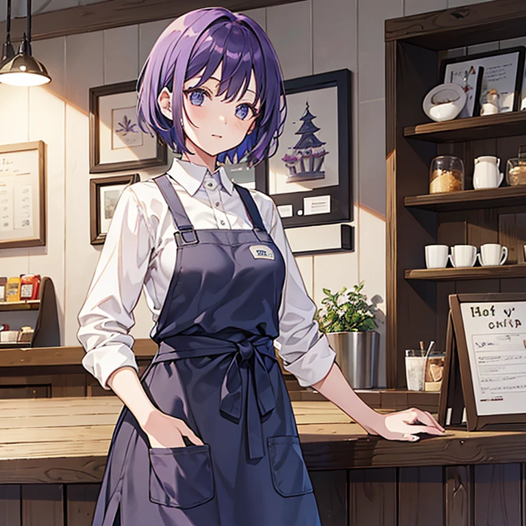 A girl with short purple hair who works at a cafe and wears a waist apron.
