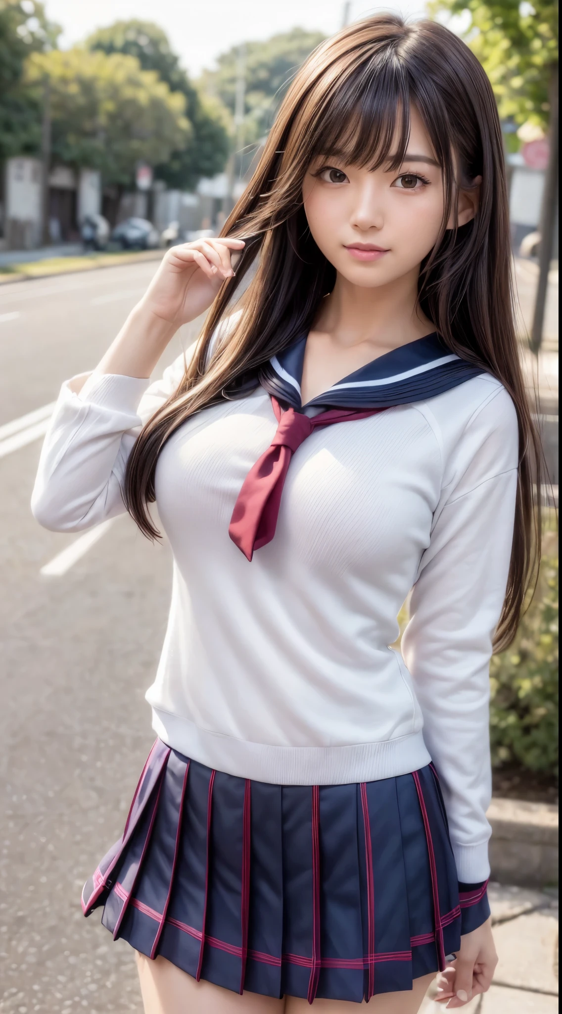 (8K,masutepiece, Raw photo,Best Quality:1.4),(photographrealistic:1.2),(extremely Detailed face),(Shiny skin),(Detailed skin),(Detailed face),(Extremely beautiful face),1girl in,Looking at Viewer,Japanese ido(actor hair,Medium Hair,Straight hair,asymmetrical bangs,Smile,glamor,Big breasts, (School uniform, Sailor Suit:1.2), Street ,High Position,natural soft light