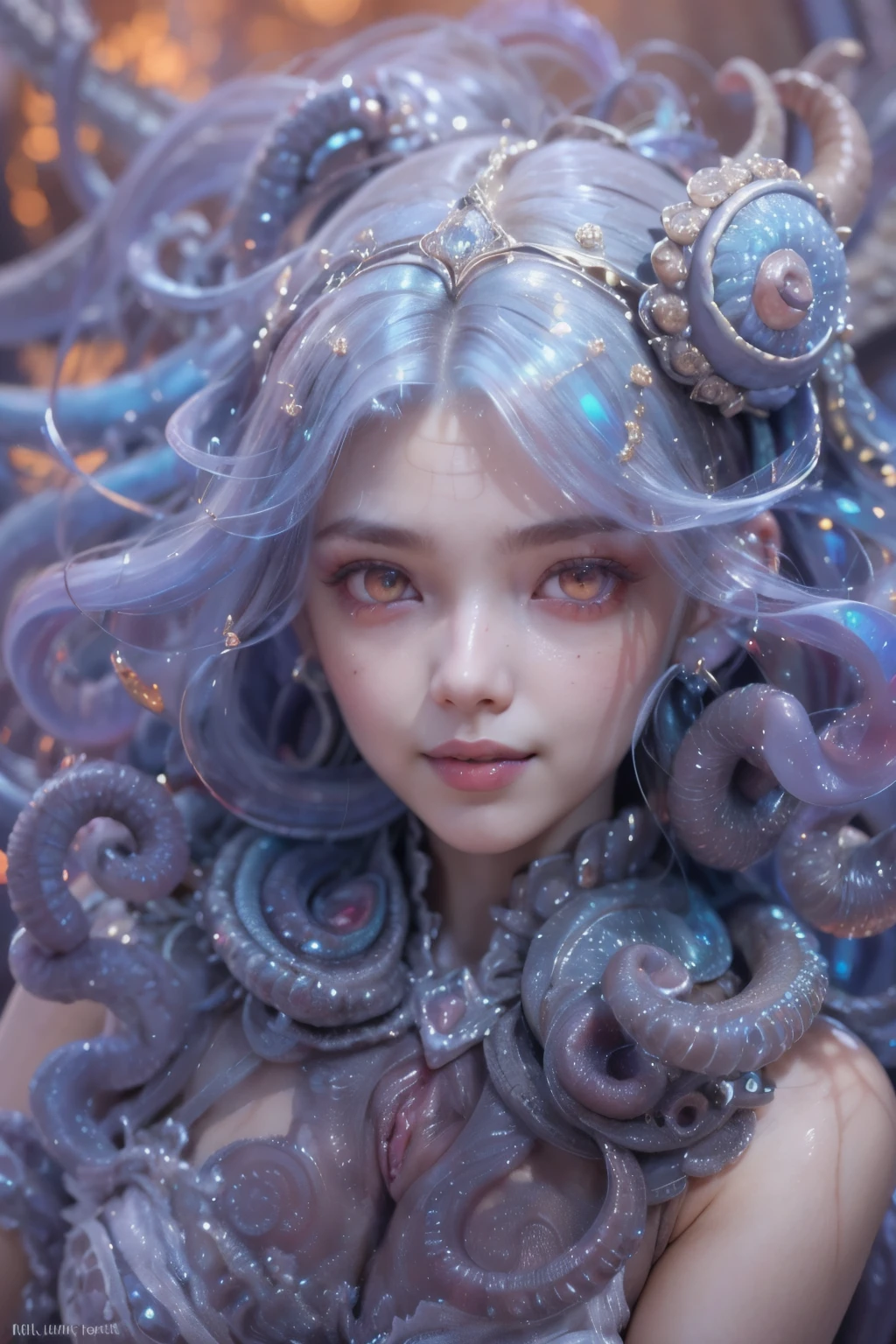 Portrait, (Female Alien:1.2),  (There is a slimy female genital-like organ in the middle of the forehead.:1.6), (The most beautiful face in the history of the universe:1.2), (scarlet eyes:1.6), (Translucent skin:1.5), an evil look that seduces , (red eyes:1.5), Full body like, (sexypose:1.5), alien, No humans, cells are fused, (Lots of blue tentacles:1.1) (Blue skin:1.3), extraterrestrial, cell, bio image, 魅惑的, Best Quality, 8K,4K_quality, high_Definition, Dramatic Lighting, masutepiece:1.5,cinematic quality, detail up, (Intricate details:1.2), high resolution, High Definition, drawing faithfully, (Thick eyebrows:1.2), Beautiful eyes with fine symmetry, (Ultra detailed eyes:1.2),(Highly detailed face and eyes:1.2), (High-resolution red-eye:1.4), Intimate face, (Super detailed skin quality feeling:1.4), Perfect Anatomy,  (Beautiful toned body:1.5),  (Moist skin:1.2), No makeup, (dark circles:1.1), long canines, cinematic drawing of characters, ultra high quality model, cinematic quality, detail up, (Intricate details:1.2), high resolution, High Definition, drawing faithfully, Official art, Unity 8K wall  , 8K Portrait, Best Quality, Very high resolutio, ultra detailed artistic photography, midnight aura,  unreal enginee 5, Ultra Sharp Focus, art by alberto seveso, ArtGerm, Roisch, , intricate artwork, Medusa, best quality，tmasterpiece，超A high resolution，（photos realistic：1.4），Ultra-realistic realism，dream-like，nautilus, Creation of fantasy，Snail，Dream Snail，Biopunk nautilus，Thrilling color schemes， Ultra-realistic realism， abstracted, seductively smiling