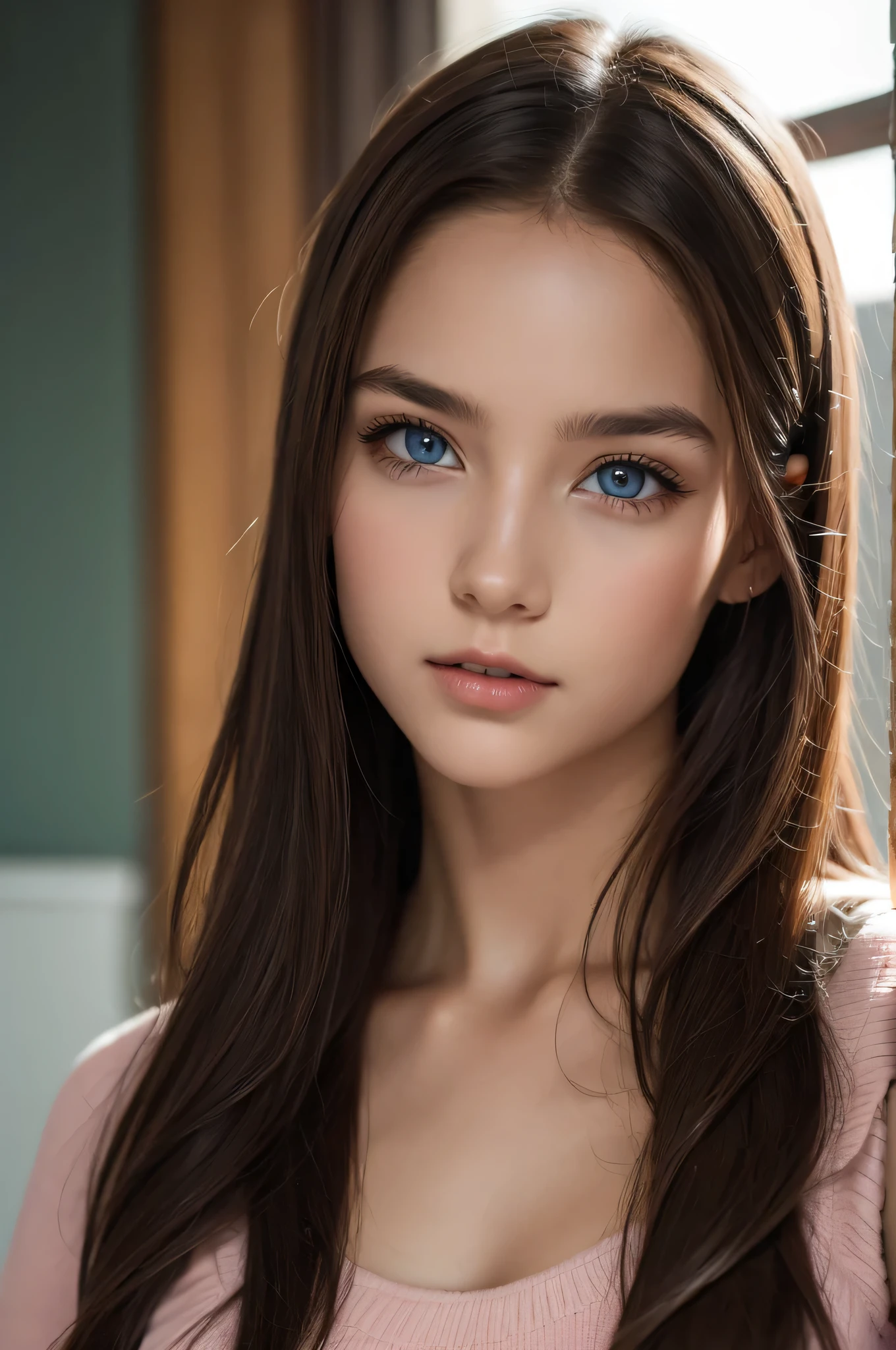 1girl in, ((Best Quality)), (Ultra-detailed), (extremely detailed CG unified 8k wallpaper), Highly detailed, High-definition raw color photos, Professional Photography, Brown hair, Amazing face and eyes, Pink eyes, (amazingly beautiful girl), School, crass room,