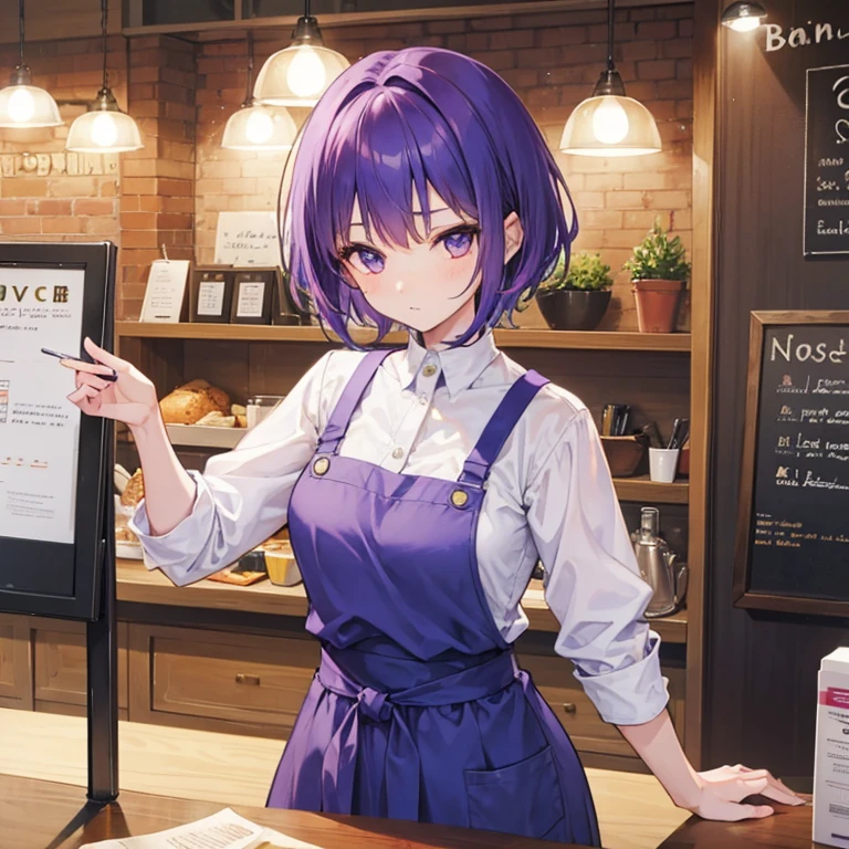 A girl with short purple hair who works at a cafe and wears a waist apron.