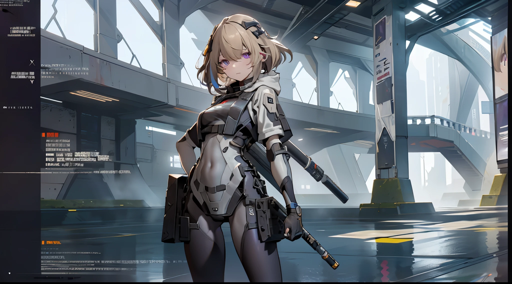 The alone young short light brown hair with purple eye woman as the lone character, stand alone, Carry a Sniper Rifle , sci-fi city , High detail mature face, combat suit, white glove, black boot, high res, ultra sharp, She stands confidently in the center of the poster，Fighting a enemy like mechanic cyborg，a determined expression on her face。The background is dark and gritty，There is a sense of danger and a strong feeling。The text is bold and eye-catching，With catchy slogans，Adds to the overall drama and excitement。The color palette is dominated by dark colors，Dotted with bright colors，Make the poster dynamic and visually strikinagazines:1.3), (Cover-style:1.3), Fashion, vibrant, Outfit, posing on a, Front, rich colorful，Background with，element in，self-assured，Expressing the，halter，statement，Attachment，A majestic，coil，Runt，Touching pubic area，Scenes，text，Cover of a，boldness，attention-grabbing，titleashion，typeface，，Best quality at best，Hyper-detailing，8K ，hyper HD