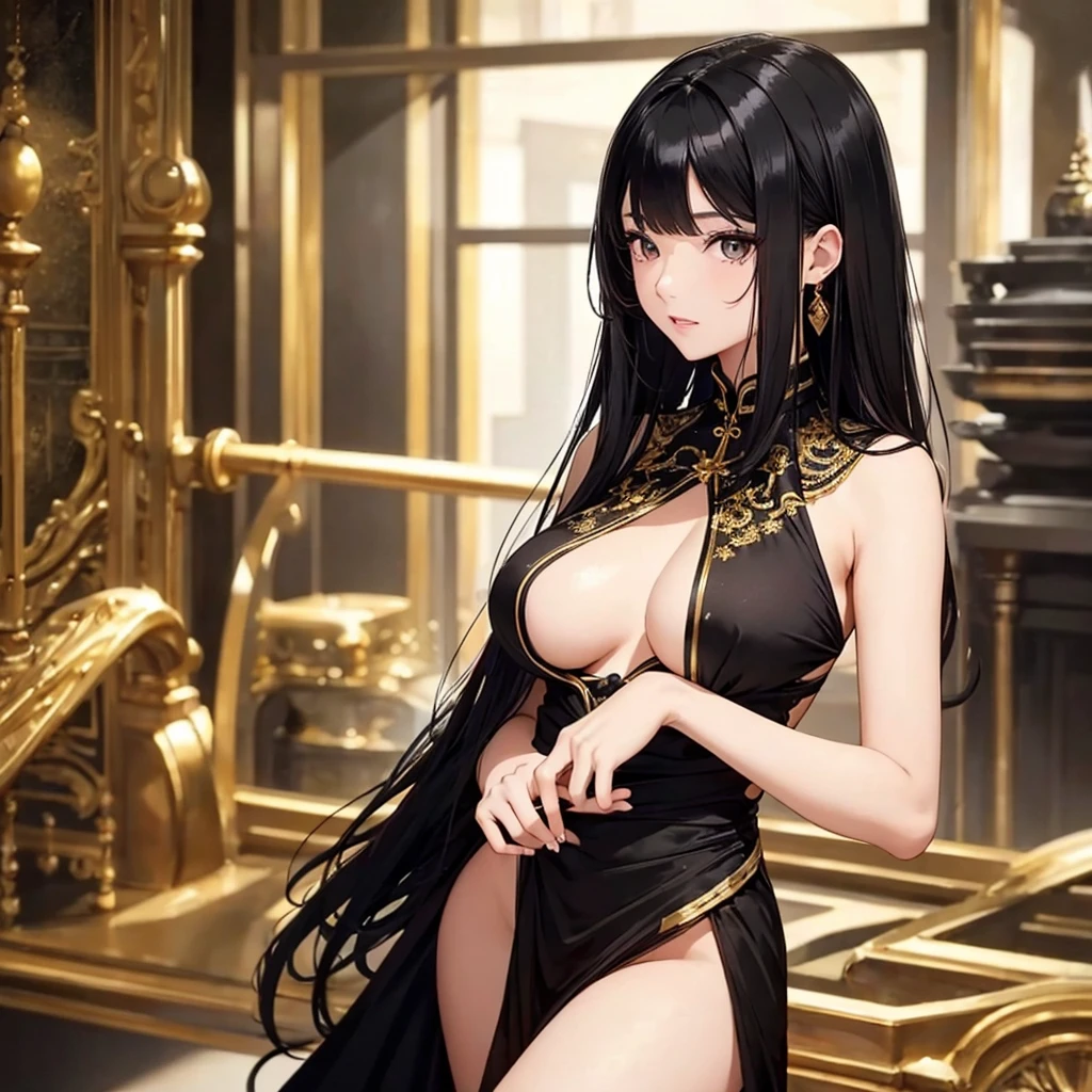 1 Girl, random background, black hair colour, Golden and black dress, ultra quality, beautiful eyes, perfect body, high quality, cute medium breast, sexy face, perfect breast,