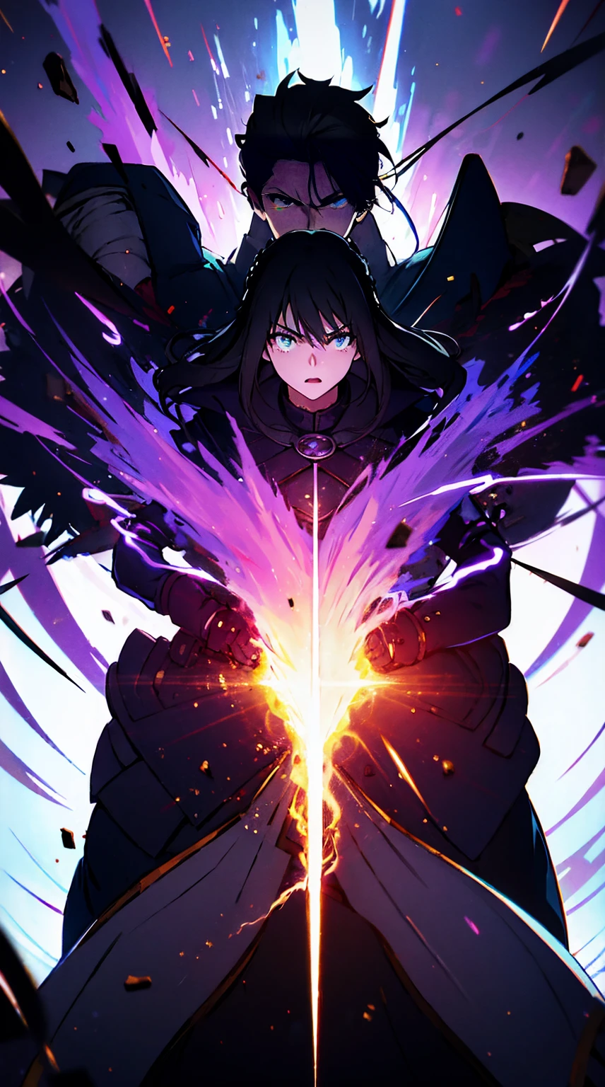 poster of a man in a black jacket with purple lightning coming out of his face, An epic anime of a man of energy, powerful, powerfull, powerful stance, Dominant pose, anime style like faay night, epic anime style, powerful god, Anime Wallaper, powerful pose, dramatic powerful pose, powerful aura, advanced digital anime art", popular isekai anime, vetorial, 8K, detalhado