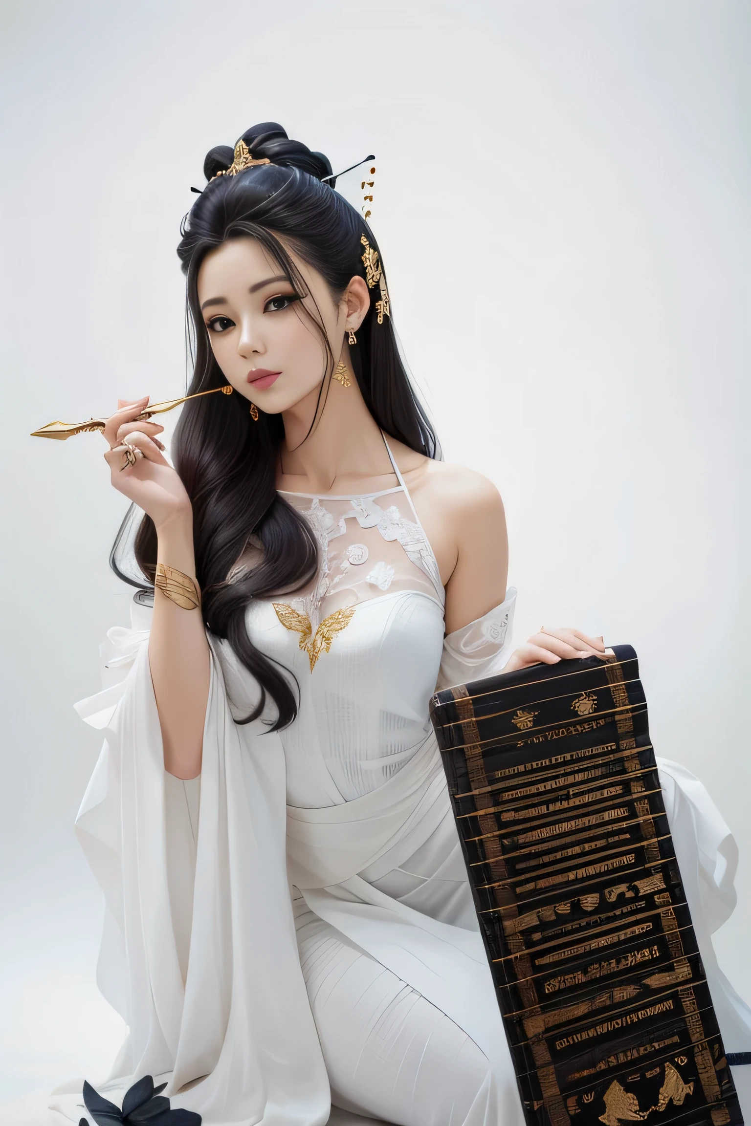 Large long leg detail，Costumes covered with traces of war，Background of moonlit night。Finger sky bright moon，Long flowing hair，Gold leg ring，Butterfly hair ornaments