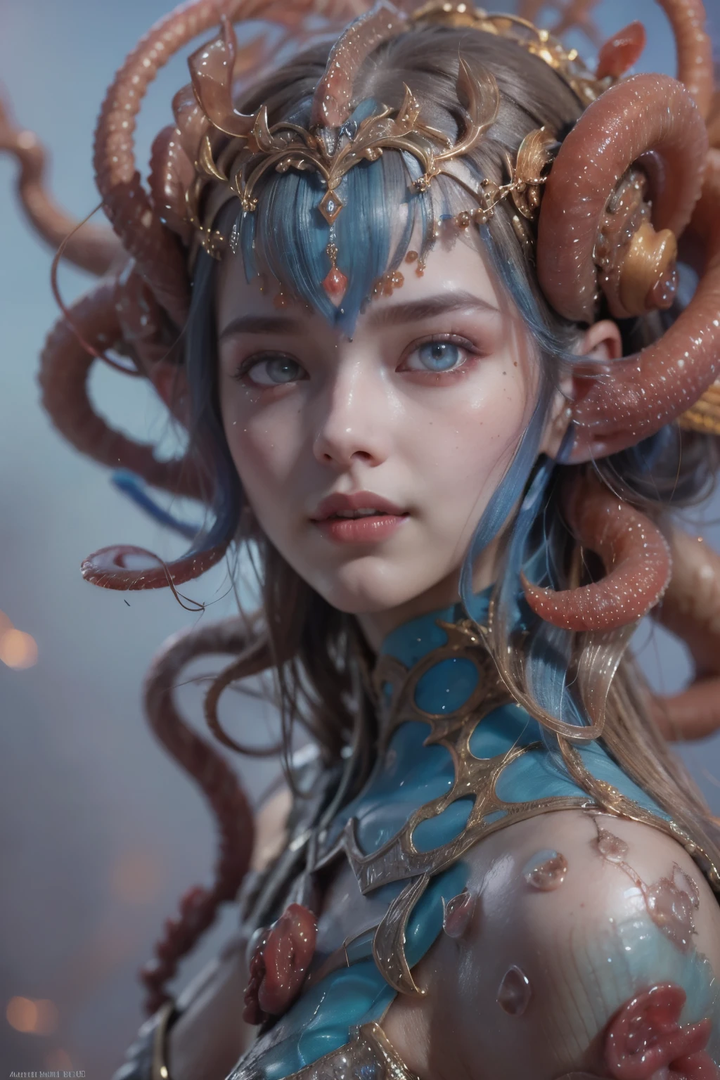 portrait, (Female Alien:1.2),  (There is a slimy female genital-like organ in the middle of the forehead:1.6), (The most beautiful face in the history of the universe:1.2), (scarlet eyes:1.6), (translucent skin:1.5), seduces, (red eyes:1.5), Full body like, (sexypose:1.5), alien, No humans, cells are fused, (Lots of blue tentacle:1.1) (blue skin:1.3), extraterrestrial, cell, bio image, 魅惑的, Best Quality, 8K,4K_quality, high_Definition, Dramatic Lighting, masutepiece:1.5,cinematic quality, detail up, (Intricate details:1.2), high resolution, High Definition, drawing faithfully, (Thick eyebrows:1.2), Beautiful eyes with fine symmetry, (Ultra detailed eyes:1.2),(Highly detailed face and eyes:1.2), (High-resolution red-eye:1.4), Intimate face, (Super detailed skin quality feeling:1.4), Perfect Anatomy,  (Beautiful toned body:1.5),  (Moist skin:1.2), No makeup, (dark circles:1.1), long canines, cinematic drawing of characters, ultra high quality model, cinematic quality, detail up, (Intricate details:1.2), high resolution, High Definition, drawing faithfully, Official art, Unity 8K wall  , 8K Portrait, Best Quality, Very high resolutio, ultra detailed artistic photography, midnight aura,  unreal enginee 5, Ultra Sharp Focus, art by alberto seveso, ArtGerm, Roisch, , intricate artwork, Medusa, best quality，tmasterpiece，超A high resolution，（photos realistic：1.4），Ultra-realistic realism，dream-like，nautilus, Creation of fantasy，Snail，Dream Snail，Biopunk nautilus，Thrilling color schemes， Ultra-realistic realism， abstracted, seductively smiling