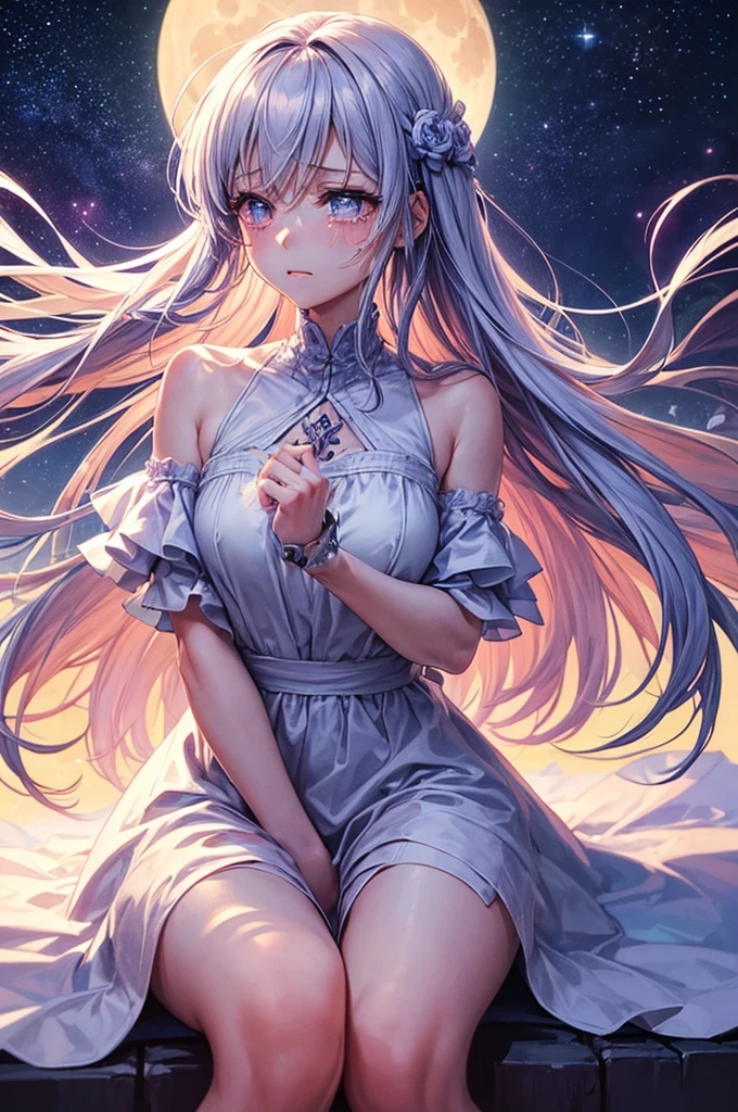 Masterpiece, top-notch quality, 16K UHD,
sitting,
Night scene,((lone men's:1.2)), solo, outdoors,
Starry sky above, vast and majestic, filled with twinkling stars and the faint glow of the Milky Way,
surrounded by the cityscape, tall buildings standing like sentinels against the night,
a single tree nearby, its silhouette against the sky a testament to nature's beauty,
the woman's long hair catching the light from the stars, a glimmering halo around her head,
her hair cascading down her back like a waterfall of silver,
a cityscape behind her,