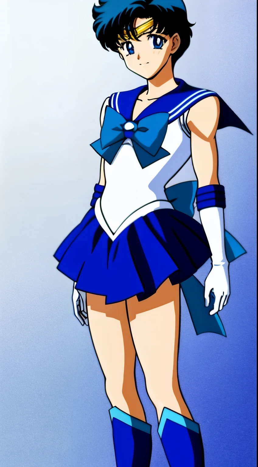 Top Quality Anime Art、masterpiece、high definition anime art、アニメstyles4K、Sailor Senshi Uniform、Anime Boy、Handsome boy、Junior high school boys、Ami Mizuno、gender change、Sailor Mercury、gender change(Girls to boys)、rating:safe、solo、Blue sailor collar、Sky blue bow tie、Magical Boy、Blue choker、Very short blue-haired boy、jewelry、skirt、耳环、white glove、elbowgloves、bow、Masculinization、Blue knee boots、Blue Heeled Boots、a blue skirt、circlet、Blue-eyed boy、back_bow、muscular and strong、White leotard、highleg leotard、robe blanche、Boy with very short black hair、blue_bow、sky blue_bow、white_bow、Strong muscles、Boy standing、smile、a miniskirt、pleatedskirt、Muscular men、photo、Bare shoulders、bare legs、レトロなAnime Boy、an retro anime image、cel shaded anime、Hymns to the King as a Prince、full-body close-up shot、Anime、Soft lighting、(1990's\(styles\):0.9)、
