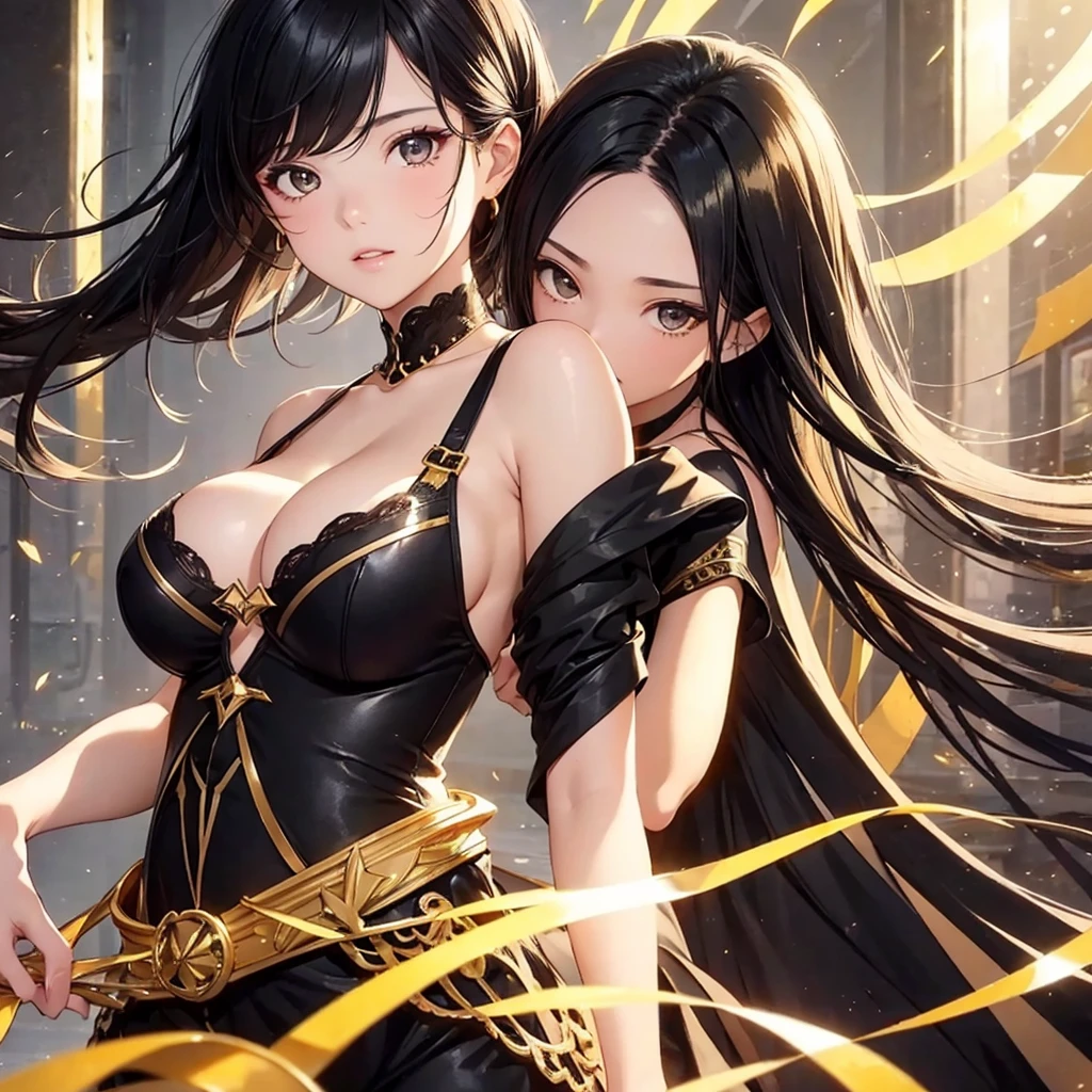 1 Girl, random background, black hair colour, Golden and black dress, ultra quality, beautiful eyes, perfect body, high quality, cute medium breast, sexy face, perfect breast,