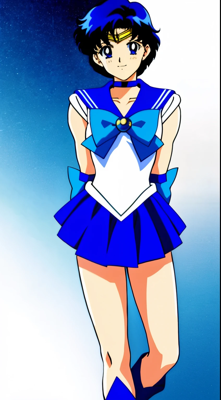 Top Quality Anime Art、masterpiece、high definition anime art、アニメstyles4K、Sailor Senshi Uniform、Anime Boy、Handsome boy、 boys、Ami Mizuno、gender change、Sailor Mercury、gender change(Girls to boys)、rating:safe、solo、Blue sailor collar、Sky blue bow tie、Magical Boy、Blue choker、Very short blue-haired boy、jewelry、skirt、耳环、white glove、elbowgloves、bow、Masculinization、Blue knee boots、Blue Heeled Boots、a blue skirt、circlet、Blue-eyed boy、back_bow、muscular and strong、White leotard、highleg leotard、robe blanche、Boy with very short black hair、blue_bow、sky blue_bow、white_bow、Strong muscles、Boy standing、smile、a miniskirt、pleatedskirt、Muscular men、photo、Bare shoulders、bare legs、レトロなAnime Boy、an retro anime image、cel shaded anime、Hymns to the King as a Prince、full-body close-up shot、Anime、Soft lighting、(1990's\(styles\):0.9)、
