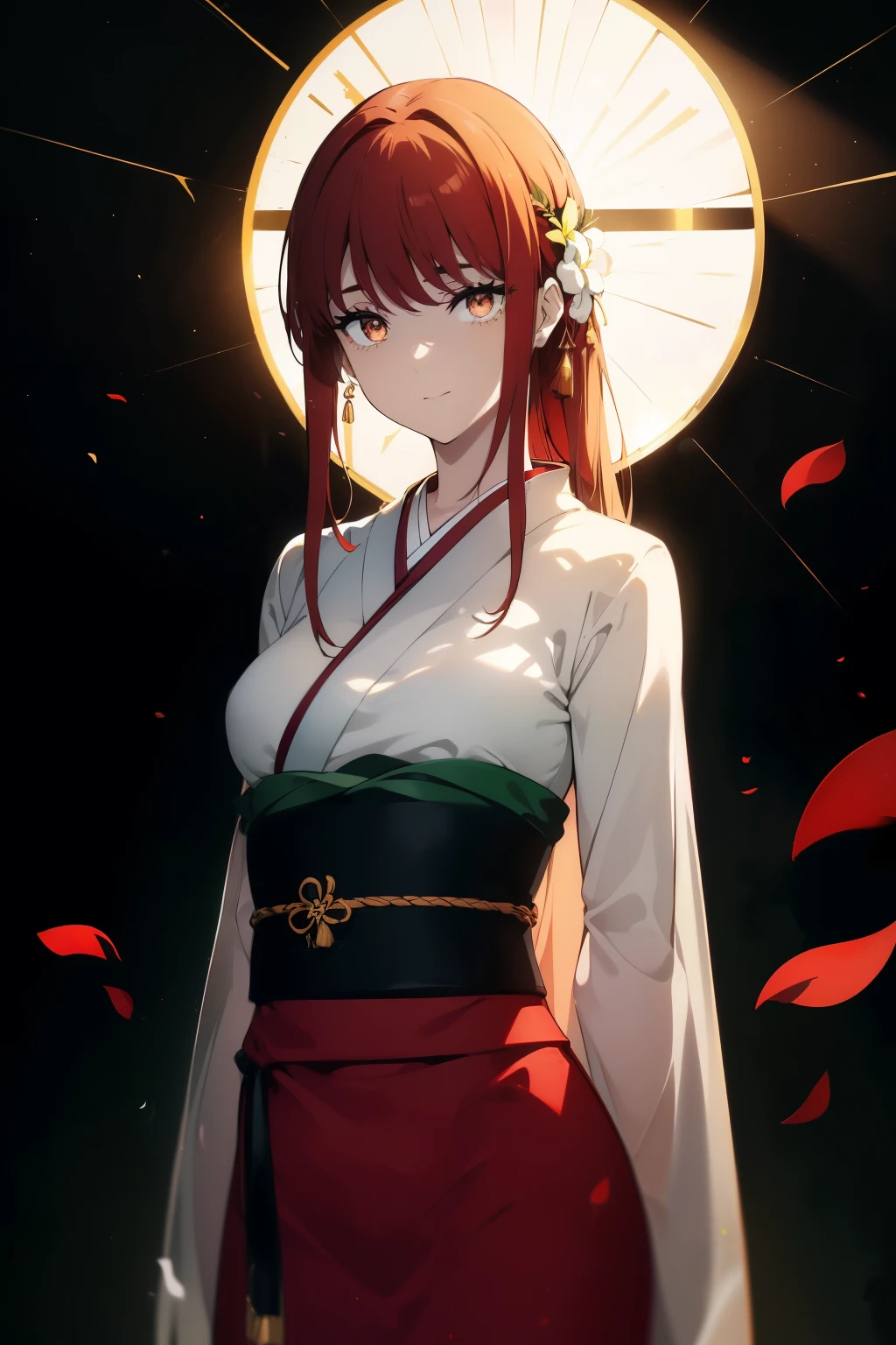 ((((Obra maestra, La mejor calidad, ultrahigh resolution)))), 1girl, standing, ((wearing a red_kimono)), long hair cut, pale skin, ((brown eyes)), (glowing_eyes, luminescent eyes), (ultra detailed eyes:0.7, beautiful and detailed face, detailed eyes:0.9), ((centered)), smile, ((wide shot)), facing viewer, (((vibrant background of outside, flowers, bright lighting, summer, sunlight))), flat chested, looking at viewer, ((perfect hands)), ((head:1, hips, elbows, arms, in view)), ((hands behind back)), beautiful lighting, defined subject, (13 years old), ((cool looking)), ((slight breeze in hair, vintage sun glare))