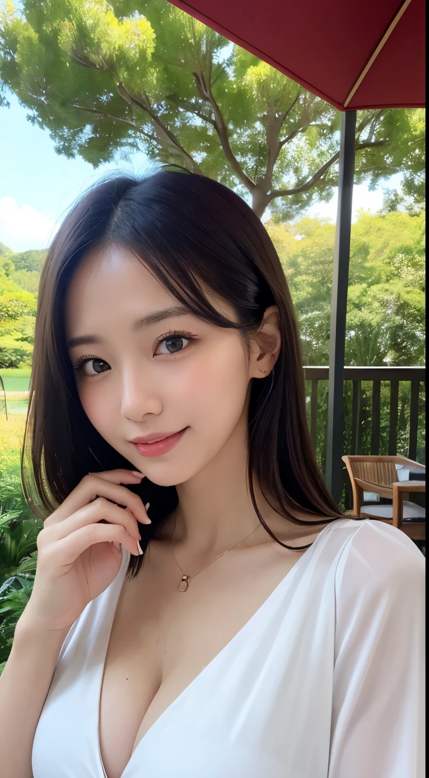masutepiece, Best Quality, Photorealsitic, finely detail, hight resolution, 8K Wallpapers, Perfect dynamic composition, Beautiful detailed eyes, Medium Hair, large full breasts, Random and sexy poses,Bring your chest together、(See-through white blouse)、Cleavage looks realistic)、(Breast bulge 1.2)、A smile、open open mouth、Resort scenery、25-years old、(Drooping eyes 1.4)、 Beauty、japanes
