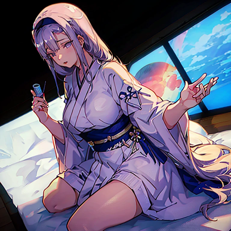 Long silver hair, eyes as white as the night sky, fair skin, white Hanfu