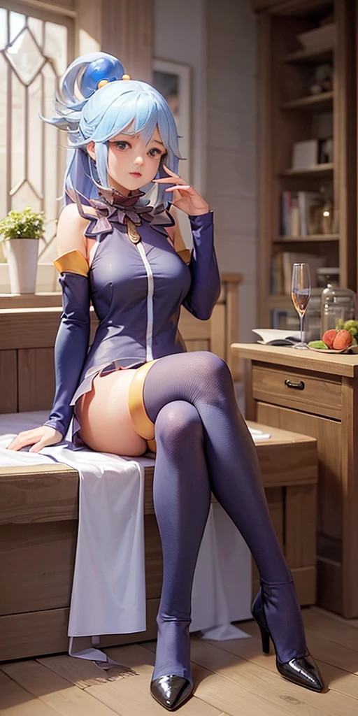 full body, 1  female, tarot cards (Prominence in Masterpiece, Best Quality: 1.2), solo, 1 girl,aqua, serious, mouth closed, looking at viewer, hand on face, sitting, legs crossed, big thighs, big breasts,blue hair) The clothes ar， bandagens， Leather