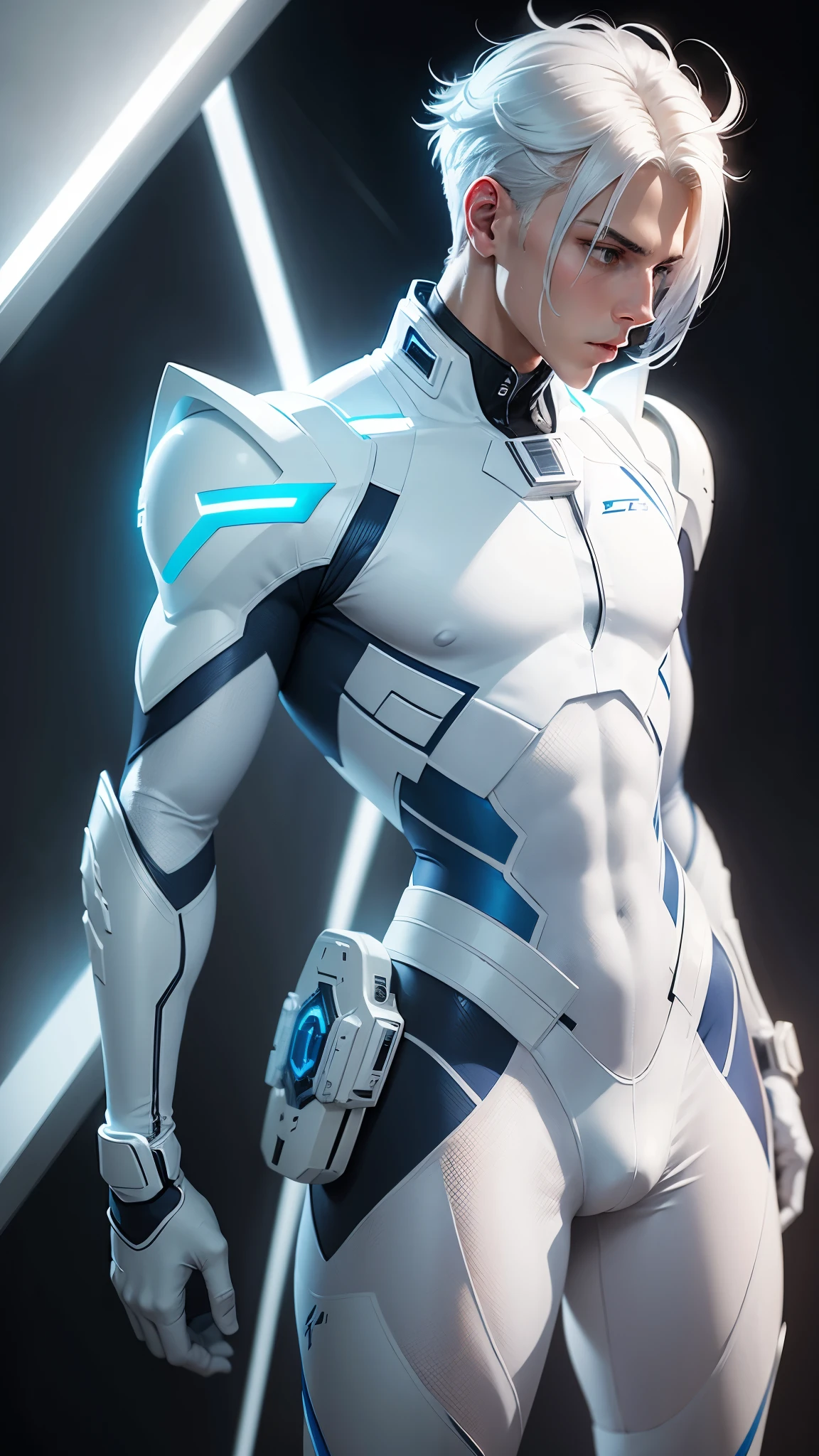 body suit, white and blue suit, futuristic suit, white gauntlets, white gloves, white hands, skin tight bodysuit, toned male, teenager, young male, bodysuit, futuristic, sci fi, hands seen, hair visible, solo male, full body seen, white hair, slim body, skinny thighs, beautiful face