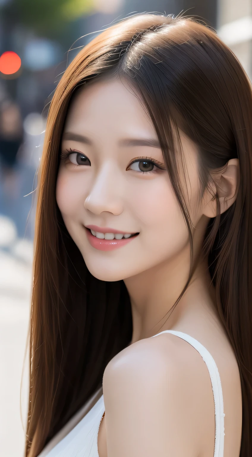 ((Best quality, 8k, Masterpiece :1.3)), 1girl, smiling, full body, slim face, Pretty woman, (Dark brown hair), full length dress :1.1, Ultra-detailed face, Detailed eyes, Double eyelid, blur background, slim face, city, outside, street,