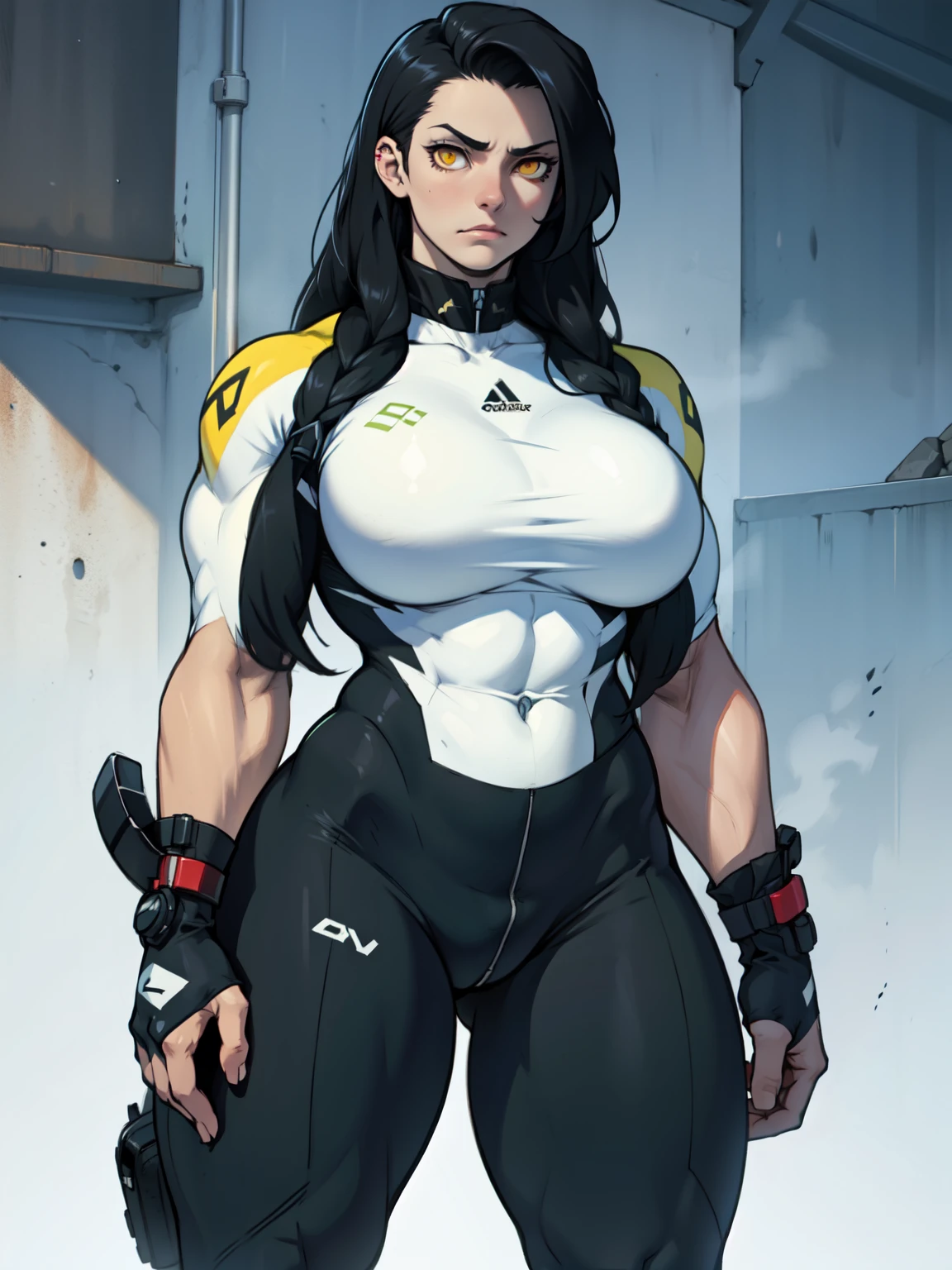 huge muscles huge breasts huge thighs pale skin black hair yellow eyes very long hair muscular girl sad expressionless skintight