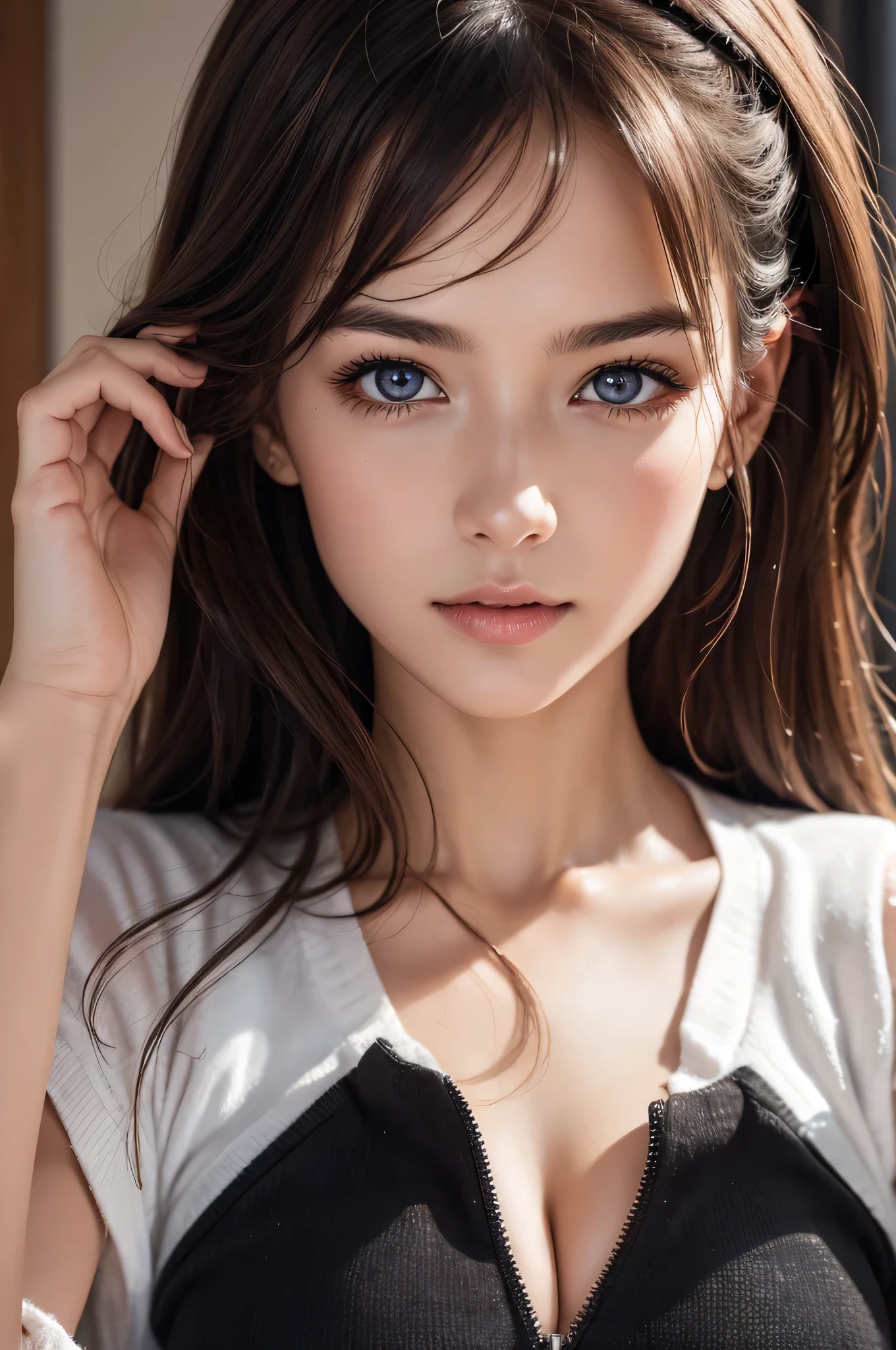 1girl in, ((Best Quality)), (Ultra-detailed), (extremely detailed CG unified 8k wallpaper), Highly detailed, High-definition raw color photos, Professional Photography, Brown hair, Amazing face and eyes, Pink eyes, (amazingly beautiful girl), School, crass room,