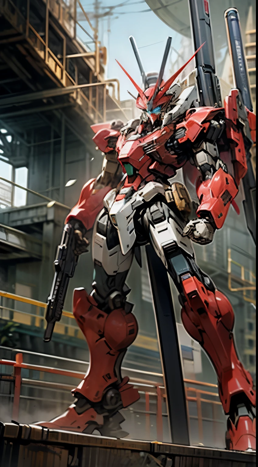 1 large robot、Blue eyes、all red mobile suit、Hold a beam rifle in both hands、Equipped with rail guns on both hip shields