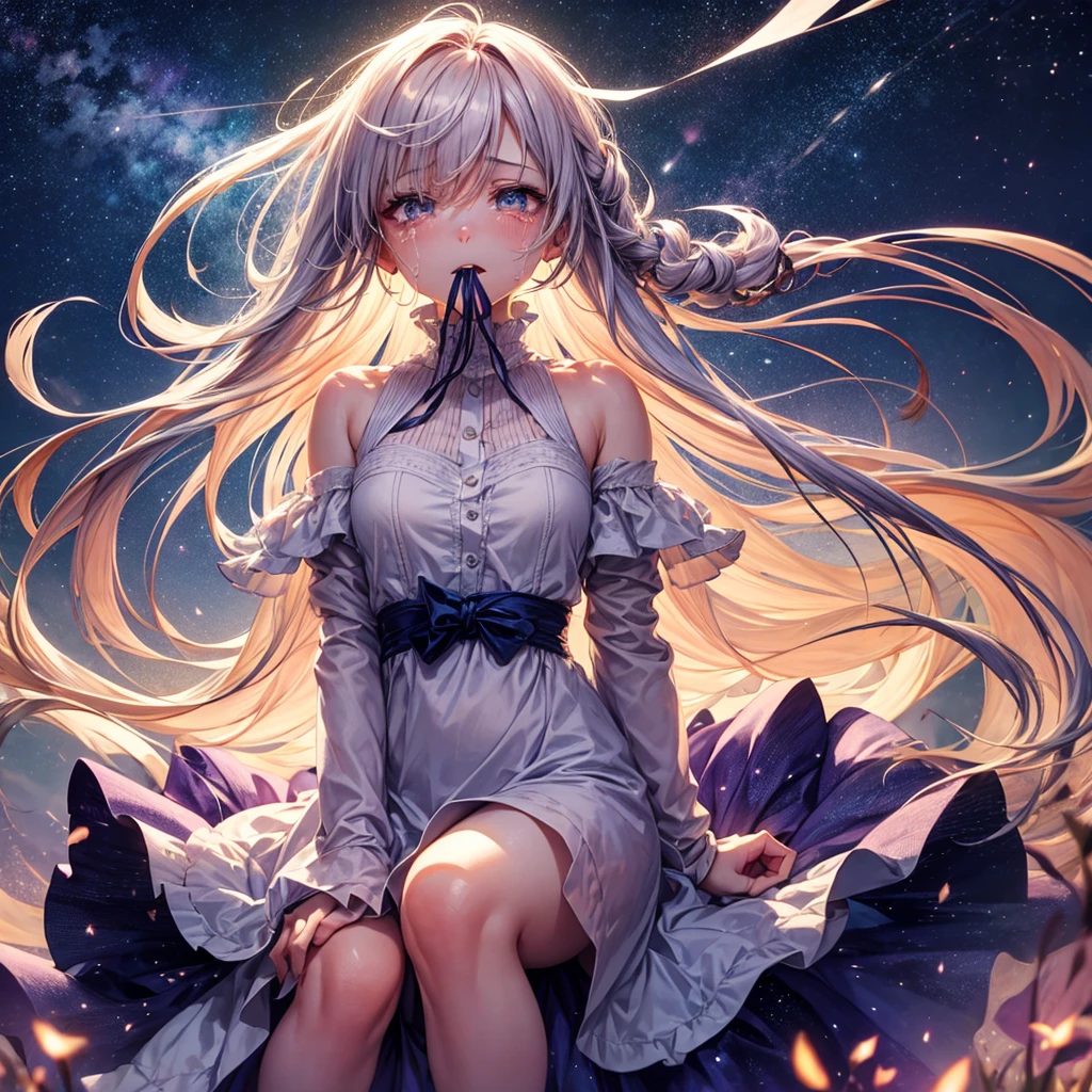 ((masutepiece,Best Quality)),(negative space:1.4),(1girl in, Solo:1.4),Beautiful detailed eyes,Floating pastel pink and lavender hair, Lavender eyes, At night, Starry sky, Shining stars, two shining moons, girl crying with mouth wide open,length hair, Hair swaying in the wind, Tears fall and disappear into the sky,sitting on,Crying a lot,