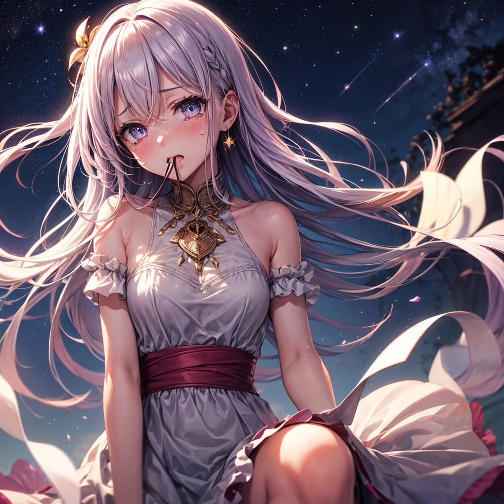 ((masutepiece,Best Quality)),(negative space:1.4),(1girl in, Solo:1.4),Beautiful detailed eyes,Floating pastel pink and lavender hair, Lavender eyes, At night, Starry sky, Shining stars