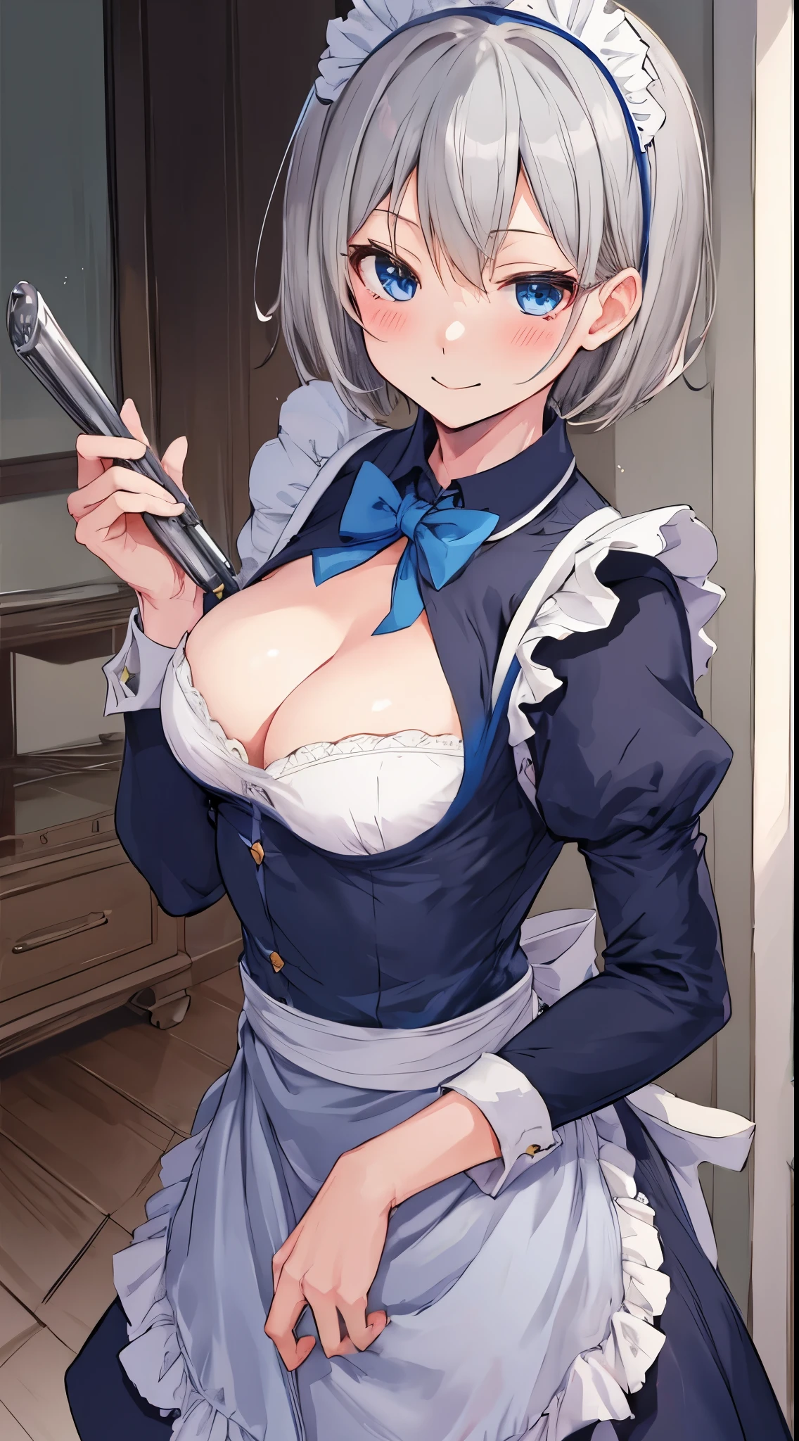 masutepiece, Best Quality,Section, Solo, Looking at Viewer, blush, Smile, Short hair, Blue eyes, 1boy, Jacket, Grey Hair, Male Focus, (maid dress le body