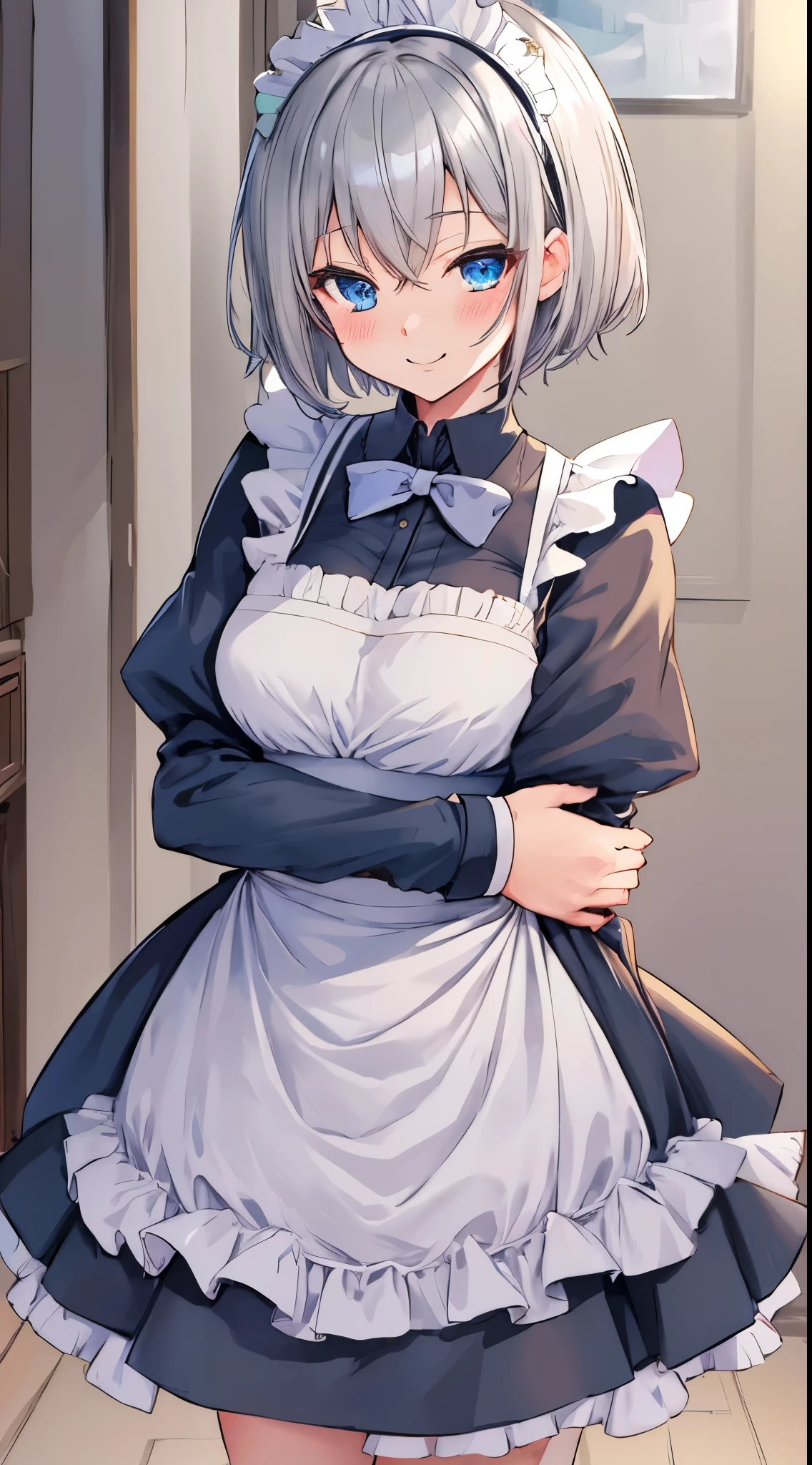 masutepiece, Best Quality,Section, Solo, Looking at Viewer, blush, Smile, Short hair, Blue eyes, 1boy, Jacket, Grey Hair, Male Focus, (maid dress le body