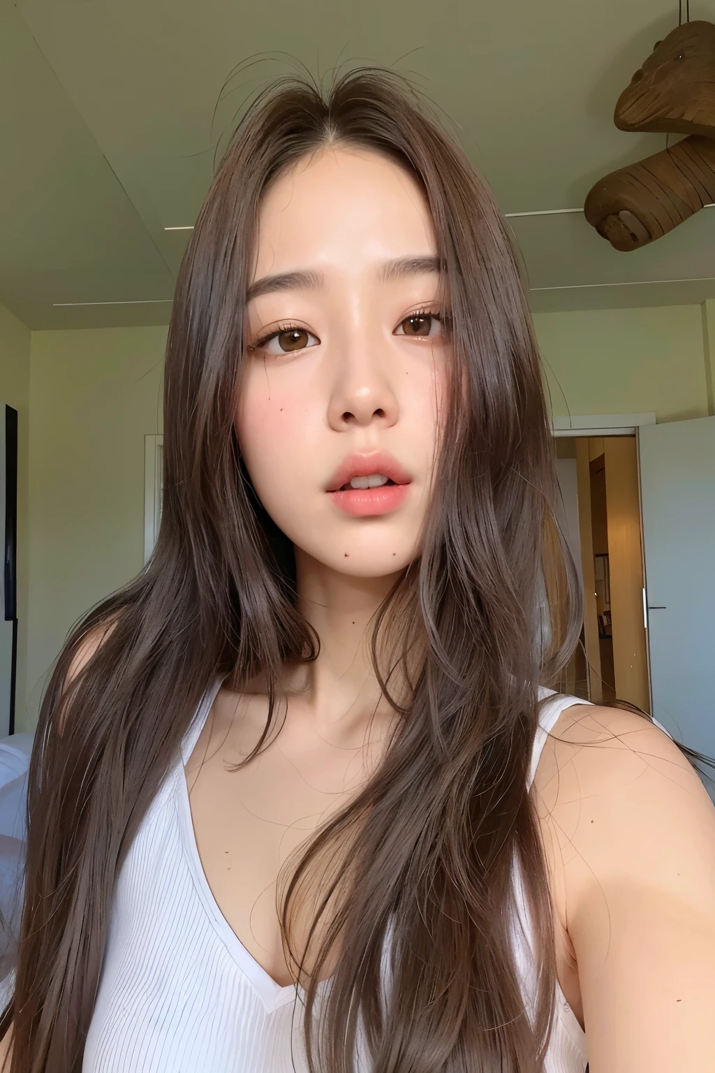 Hay una mujer con el pelo largo y una camiseta blanca sin mangas, Hermosa joven coreana, Blackpink Jennie, Hermosa joven coreana, Hermosa mujer surcoreana, Joven y adorable rostro coreano, Heonhwa Choe, 8k selfie photograph, maquillaje popular de Corea del Sur, Sin maquillaje cabello ondulado, young cute wan asian face, maquillaje coreano popular, a young asian woman, Gongbi