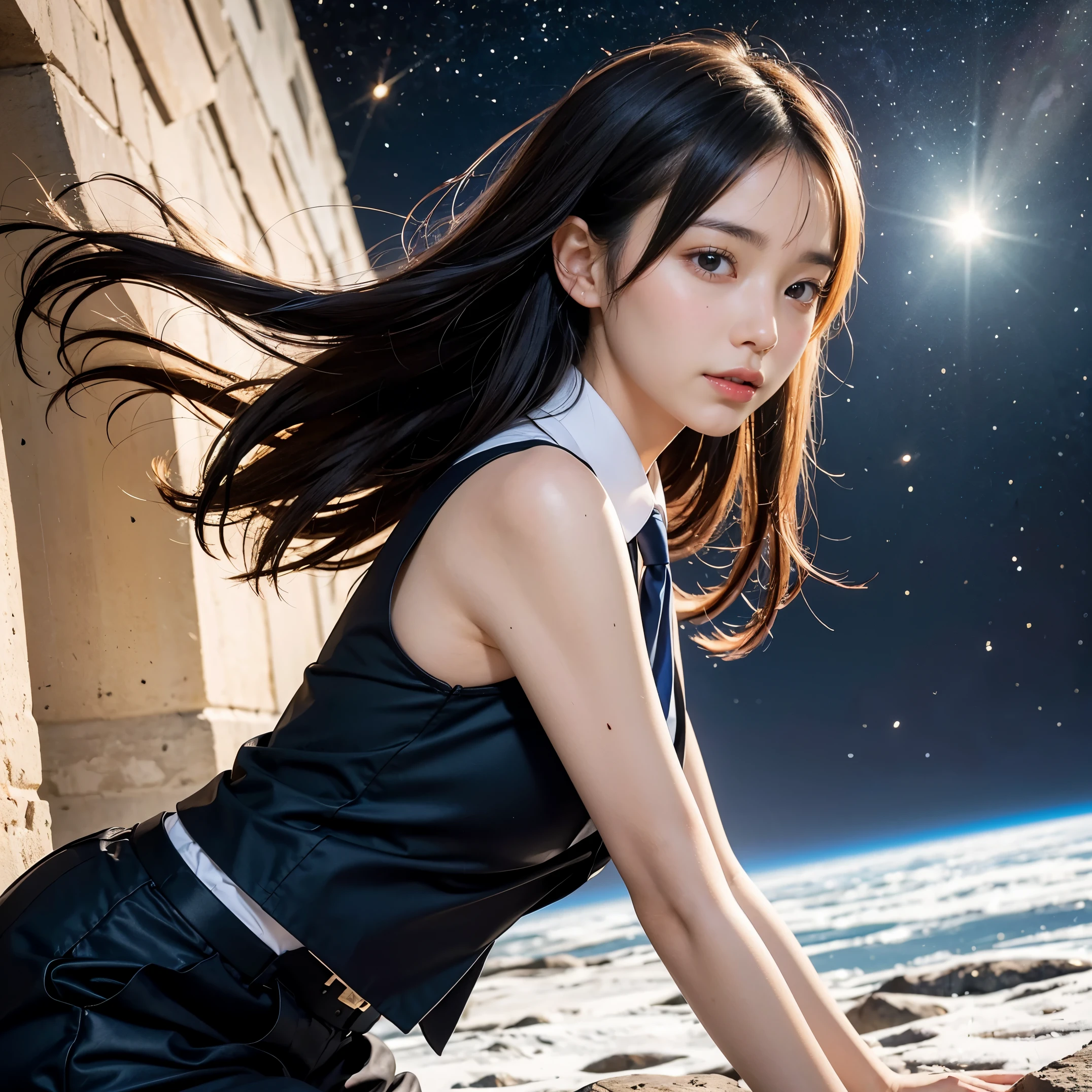 Japanese female, a lot of details, (underweight), detailed black hair, beautiful detailed hair, super fucking beautiful, delicate beautiful face, complex details beautiful and delicate eyes, perfect hands, (flat chest best quality:1.5), perfect and delicate limbs, detailed skin, best quality, ultra-detailed,(cheerful grin:1.3),
(planets in series:1.5) ,sitting, semi long, (cream dress), cowboy shot, low angle shot