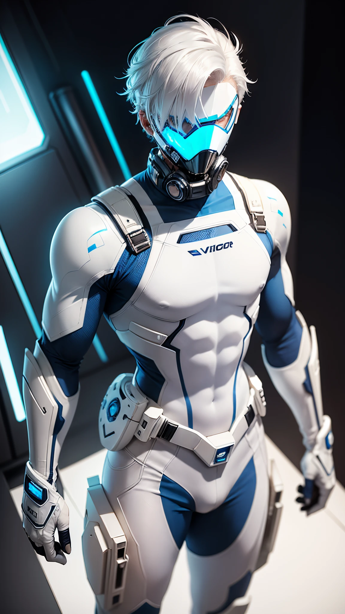 body suit, white and blue suit, futuristic suit, white gauntlets, white gloves, white hands, skin tight bodysuit, toned male, ager, young male, futuristic gas mask and vizor, bodysuit, futuristic, sci fi, hands seen, hair visible, solo male, full body seen, white hair
