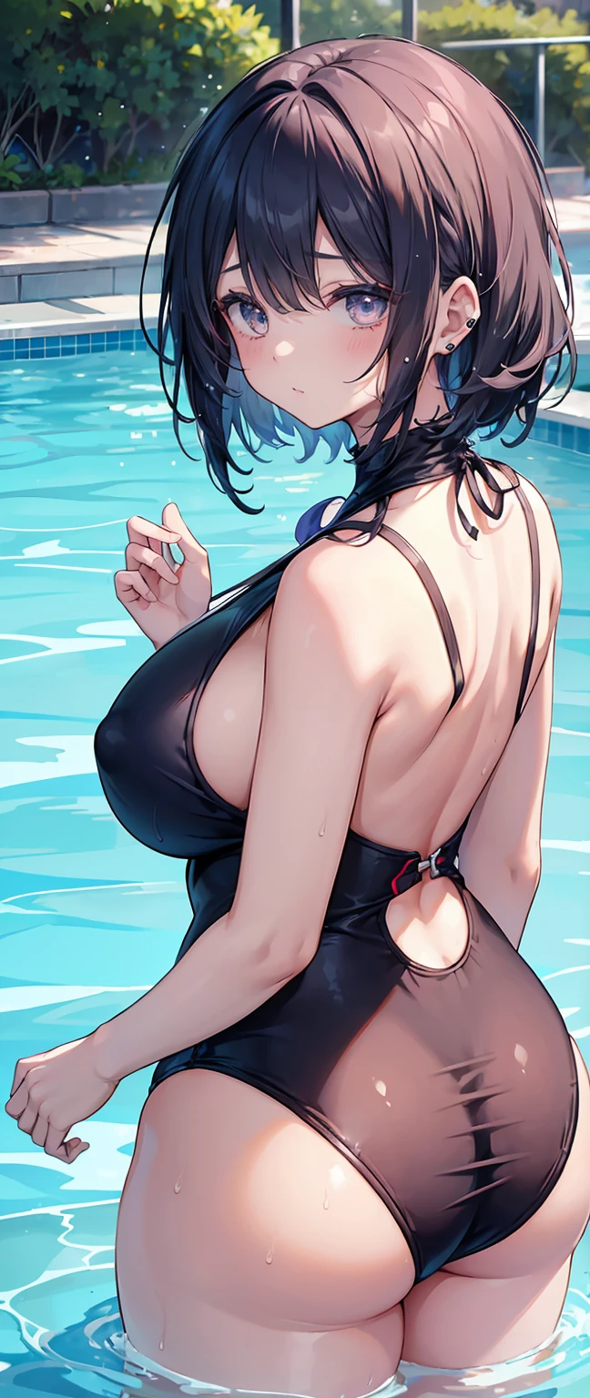 1 girl, watery big eyes*Su Jiushui*Wet hair*hair open*ear studs*swimmingpool>,, Low RA:Add to_the detail:1,One-piece swimsuit,Bigchest,back,I can see side boob,Plump,humongous large breast,Magnanimous
