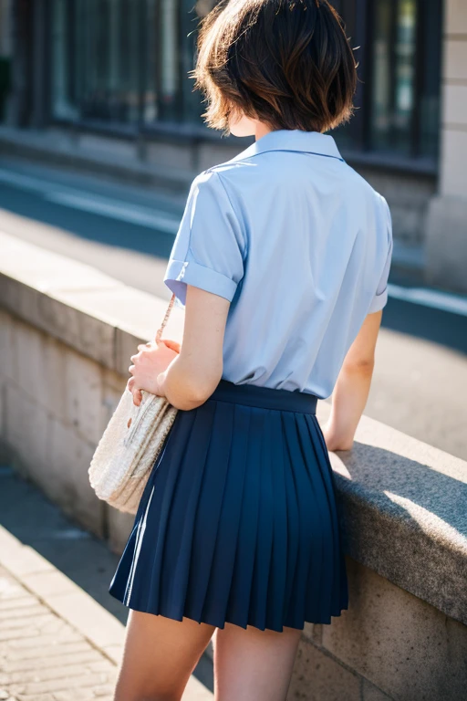 Super Detail, High quality, awardwinning, in 8K, dreamy watercolor, Solo, Rear view, full bodyesbian, full body, backpack, Shorthair, espadrilles, High School Uniform, light blue shirt, neck tie, The pleated skirt is dark navy, In the lap, Short socks, The color of the socks is black, Standing in the city, Detailed fingers, romantic, Cinematic Light, low angles,