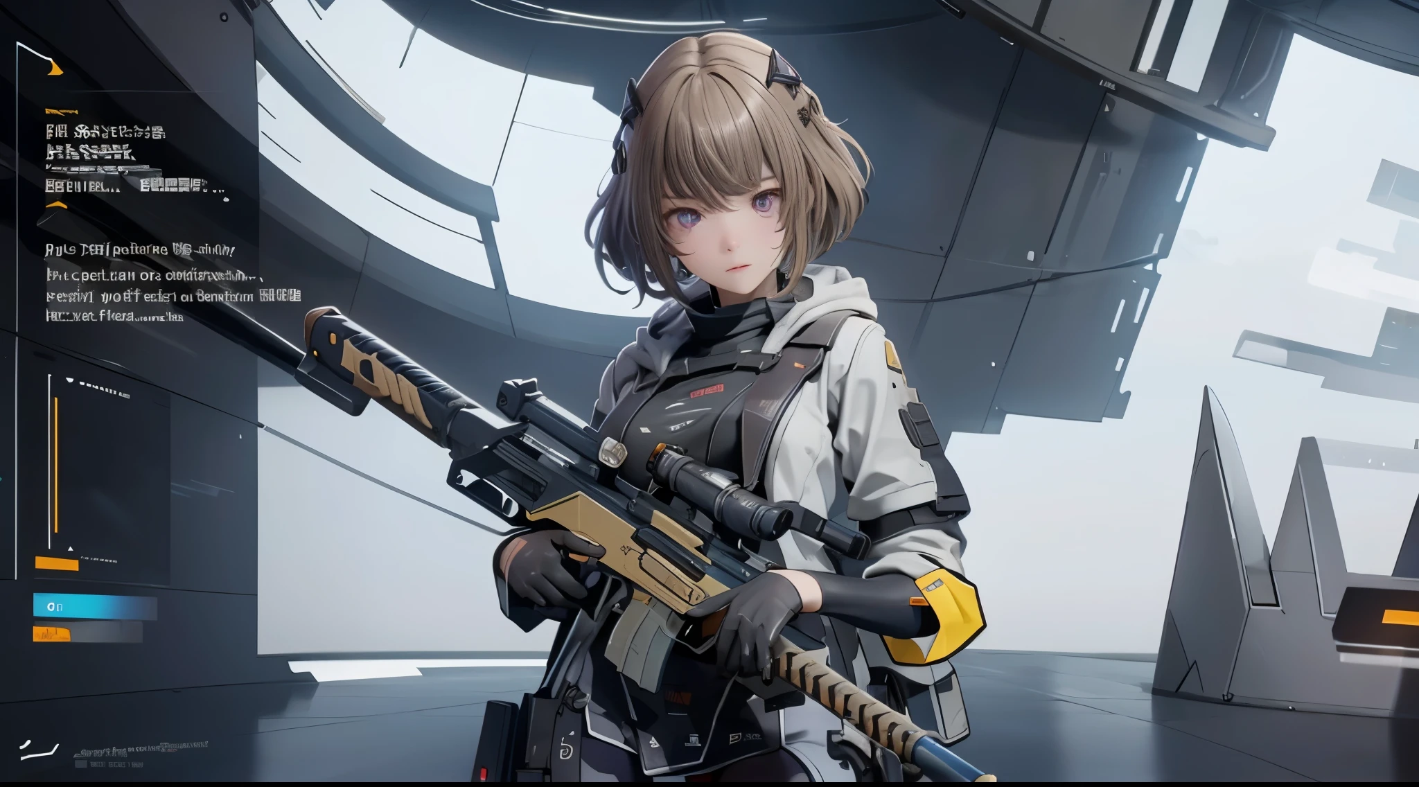 The alone young short light brown hair with purple eye woman as the lone character, Sitting behind Pillar, Aiming with Sniper Rifle , Carry a Sniper Rifle , sci-fi city , High detail mature face, combat suit, white glove, black boot, high res, ultra sharp, She stands confidently in the center of the poster，Fighting a enemy like mechanic cyborg，a determined expression on her face。The background is dark and gritty，There is a sense of danger and a strong feeling。The text is bold and eye-catching，With catchy slogans，Adds to the overall drama and excitement。The color palette is dominated by dark colors，Dotted with bright colors，Make the poster dynamic and visually strikinagazines:1.3), (Cover-style:1.3), Fashion, vibrant, Outfit, posing on a, Front, rich colorful，Background with，element in，self-assured，Expressing the，halter，statement，Attachment，A majestic，coil，Runt，Touching pubic area，Scenes，text，Cover of a，boldness，attention-grabbing，titleashion，typeface，，Best quality at best，Hyper-detailing，8K ，hyper HD